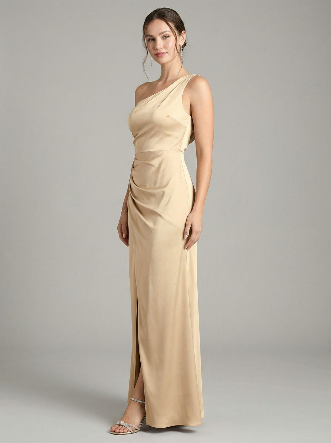 Elegant Champagne Satin column One Shoulder Backless Ankle-Length Bridesmaid Dress