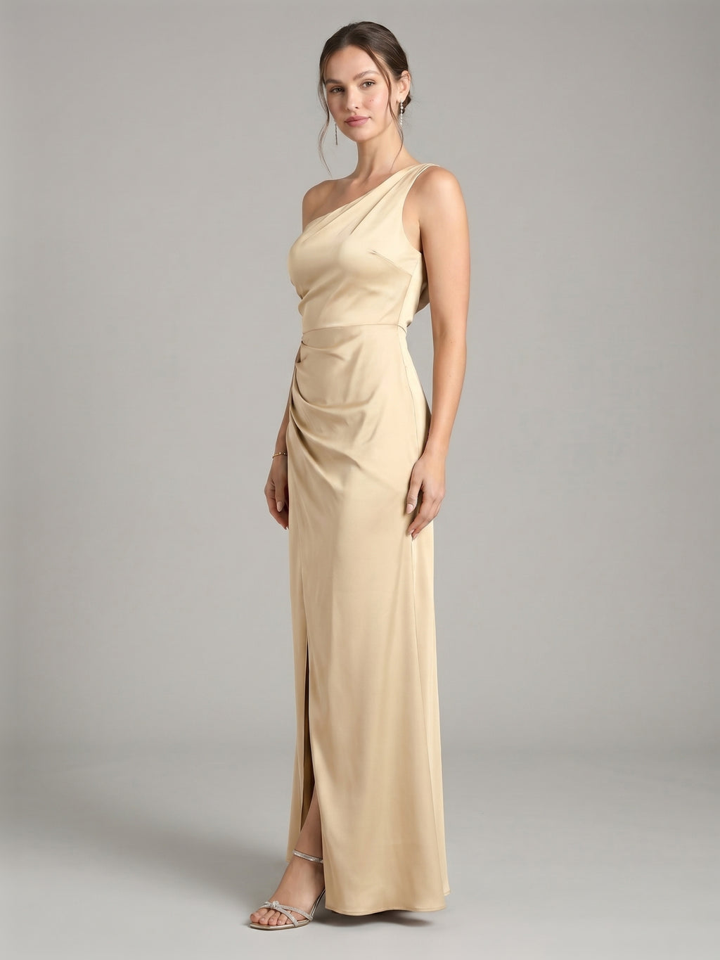 Elegant Champagne Satin column One Shoulder Backless Ankle-Length Bridesmaid Dress