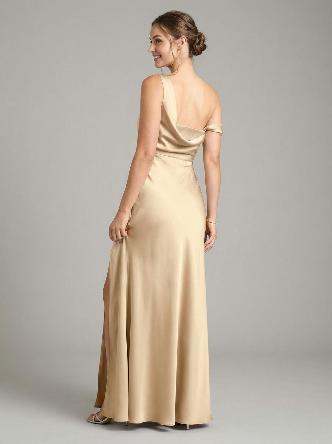 Elegant Champagne Satin column One Shoulder Backless Ankle-Length Bridesmaid Dress