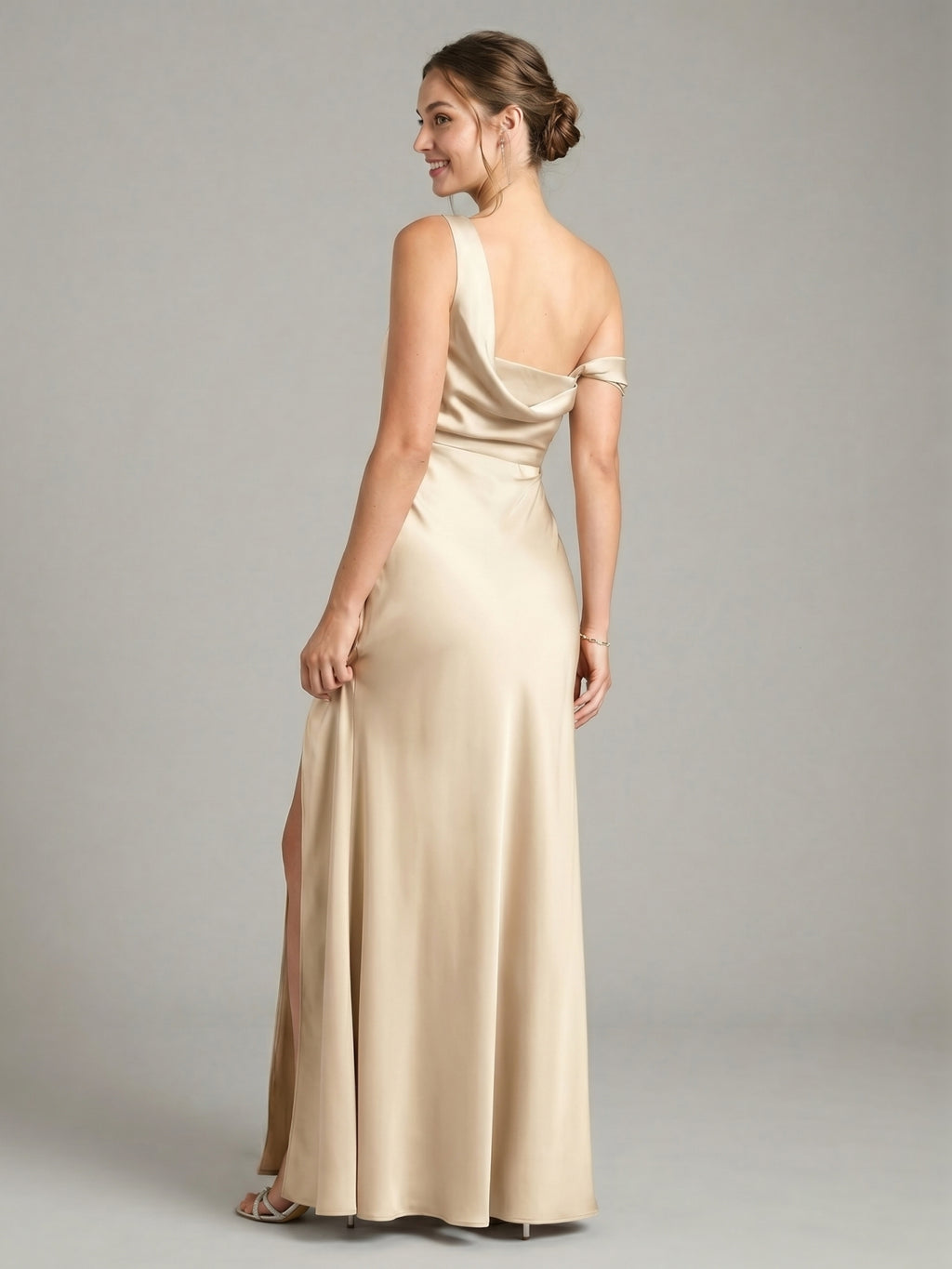 Elegant Champagne Satin column One Shoulder Backless Ankle-Length Bridesmaid Dress