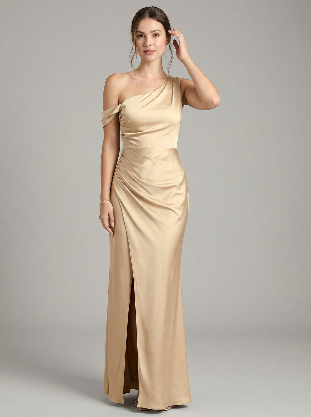 Elegant Champagne Satin column One Shoulder Backless Ankle-Length Bridesmaid Dress