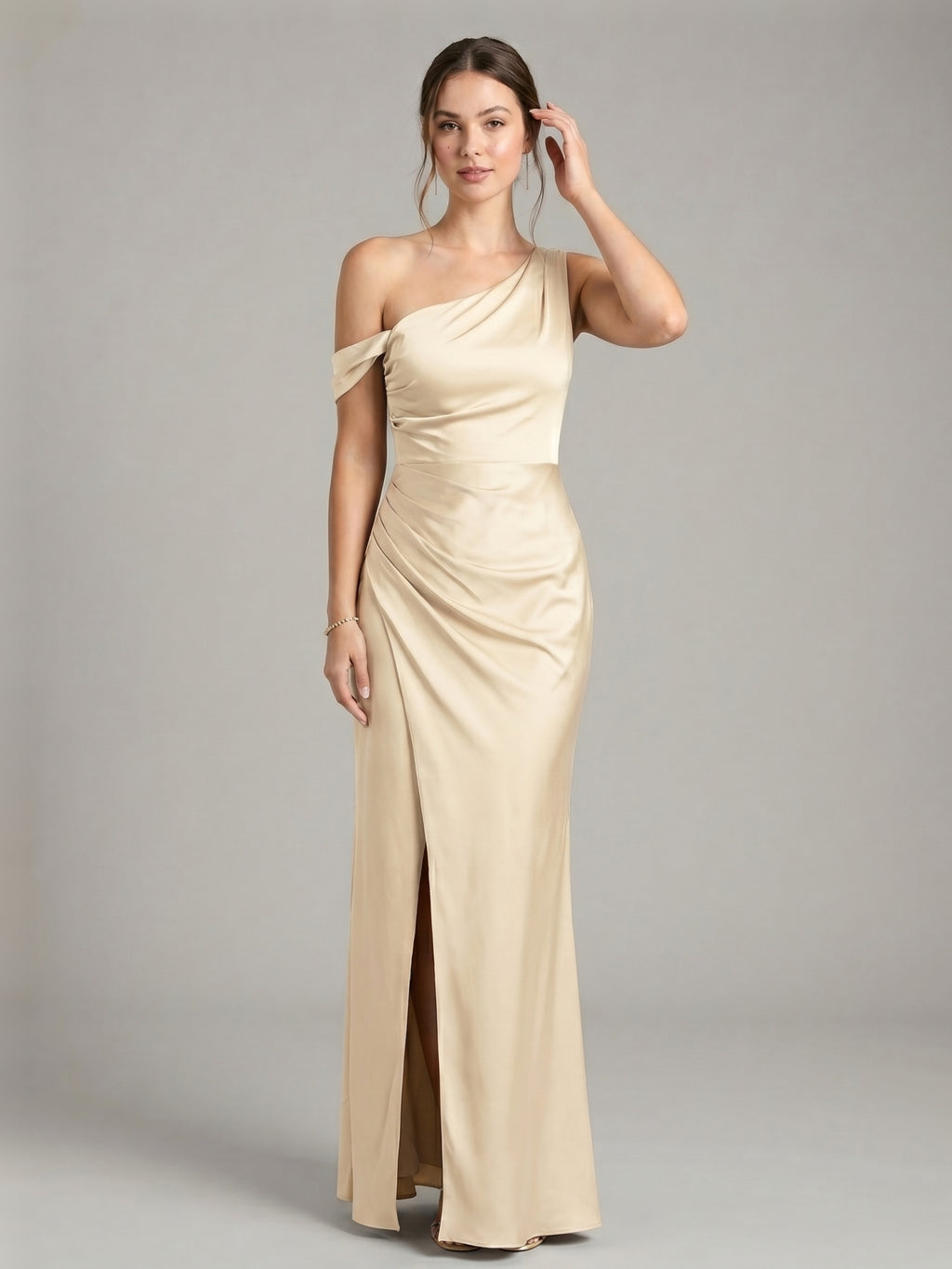 Elegant Champagne Satin column One Shoulder Backless Ankle-Length Bridesmaid Dress