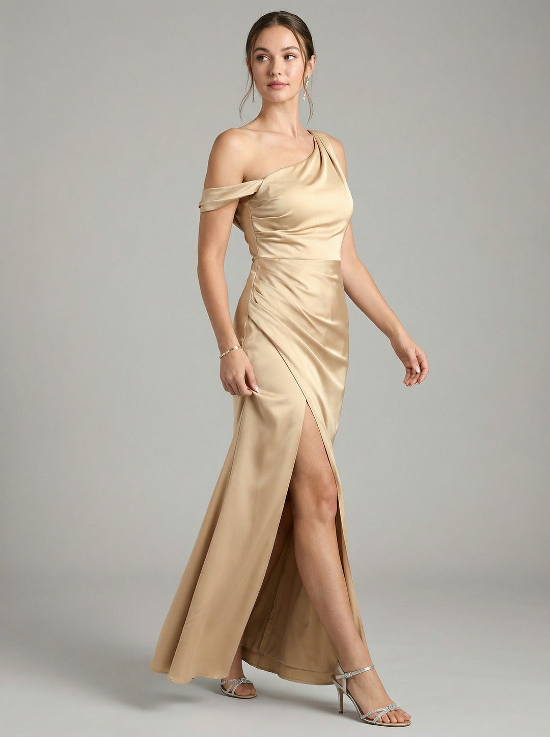 Elegant Champagne Satin column One Shoulder Backless Ankle-Length Bridesmaid Dress