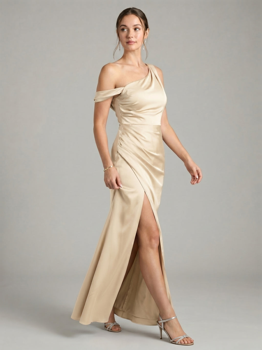 Elegant Champagne Satin column One Shoulder Backless Ankle-Length Bridesmaid Dress