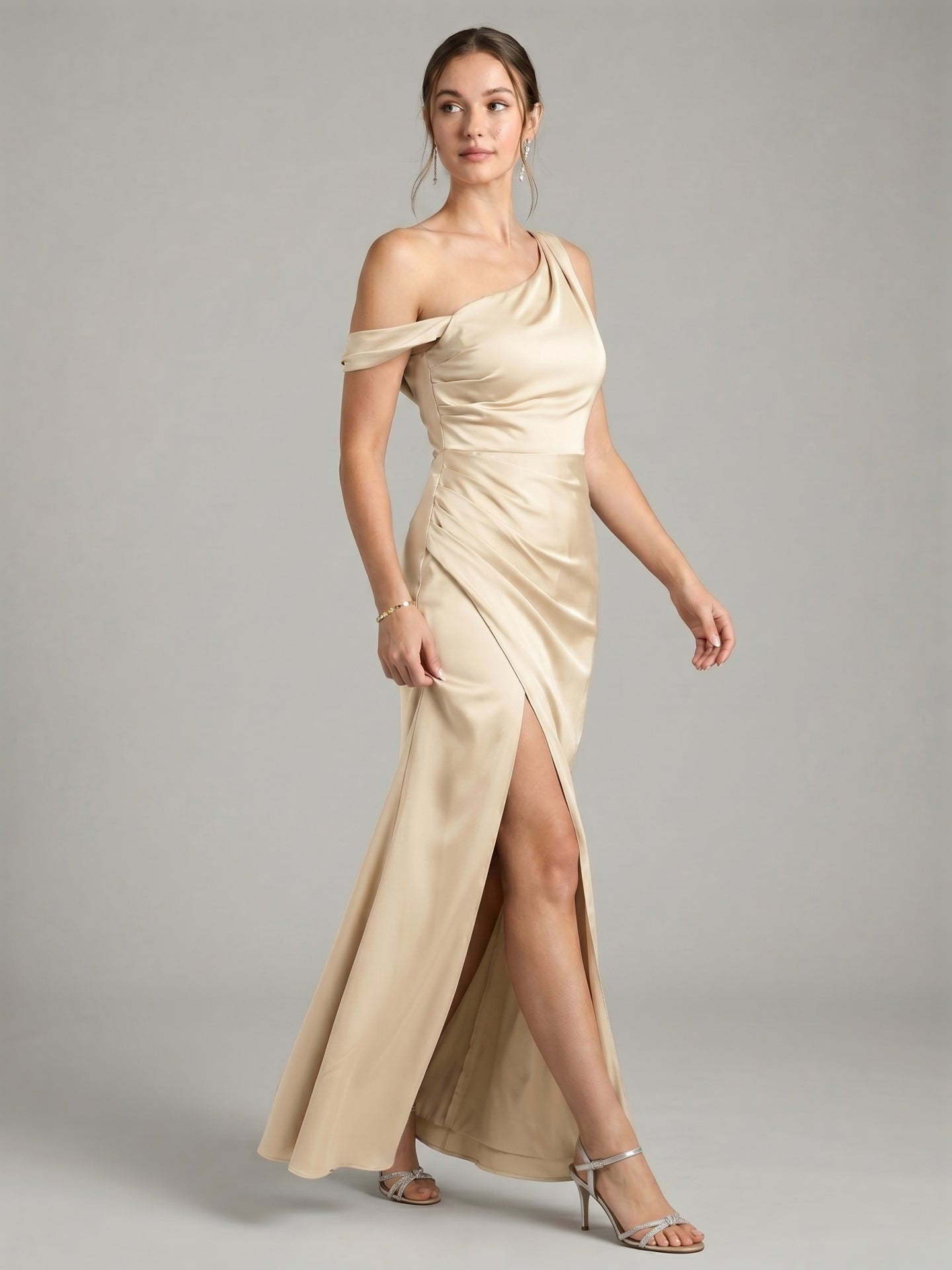 Elegant Champagne Satin column One Shoulder Backless Ankle-Length Bridesmaid Dress
