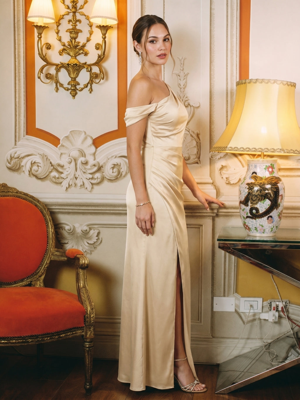 Elegant Champagne Satin column One Shoulder Backless Ankle-Length Bridesmaid Dress