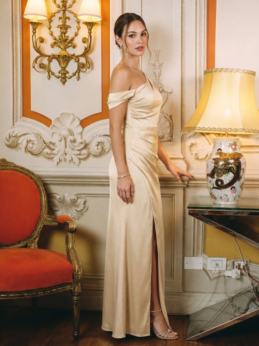 Elegant Champagne Satin column One Shoulder Backless Ankle-Length Bridesmaid Dress