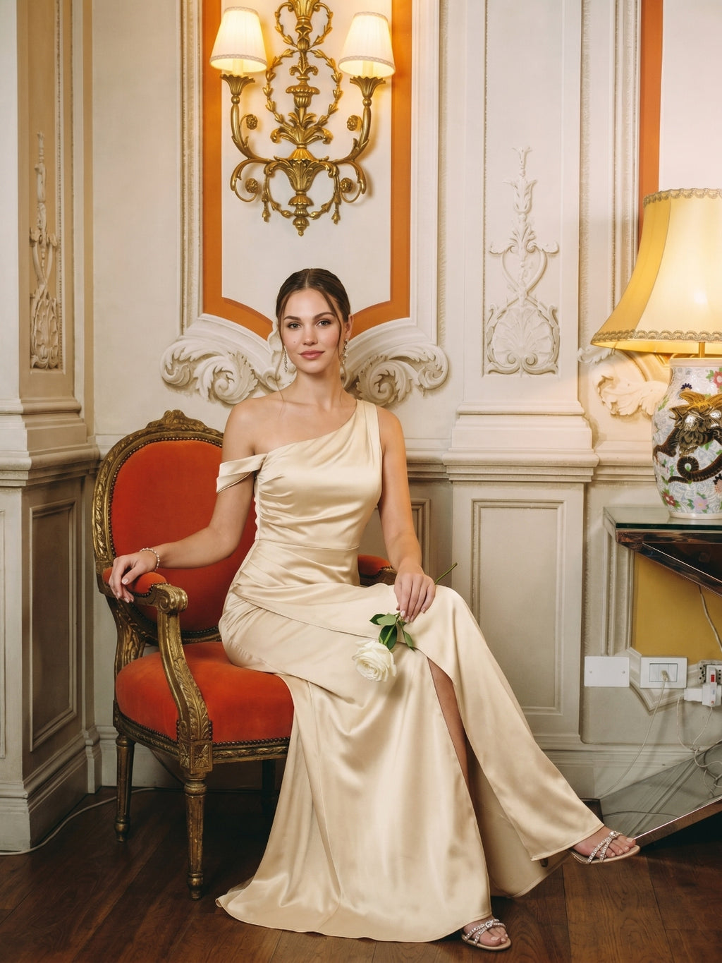 Elegant Champagne Satin column One Shoulder Backless Ankle-Length Bridesmaid Dress