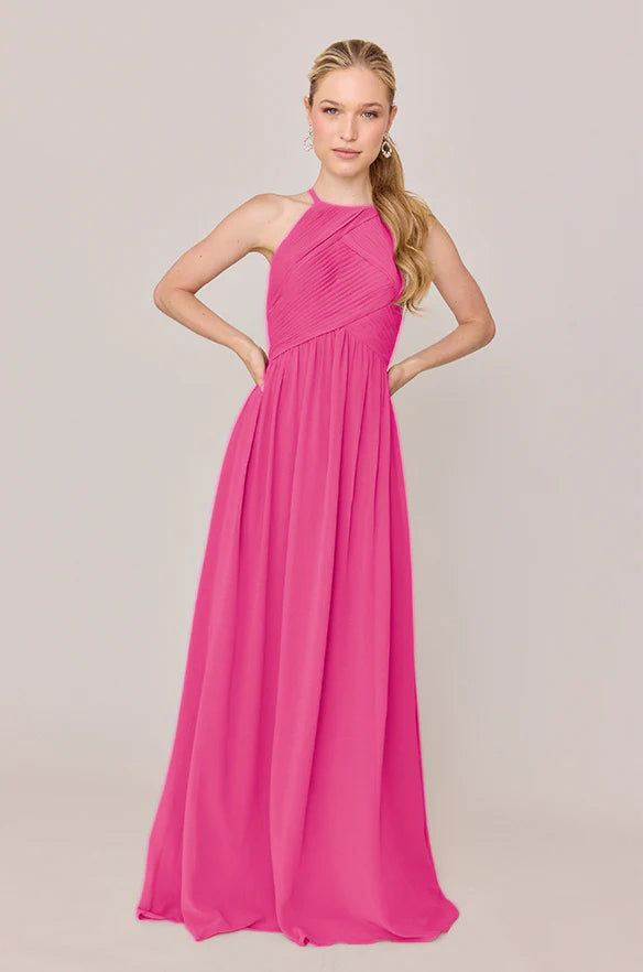 Elegant Chiffon Bridesmaid Dresses with Halter Neckline, Open Back Detail and Ruched Bodice Formal Gown