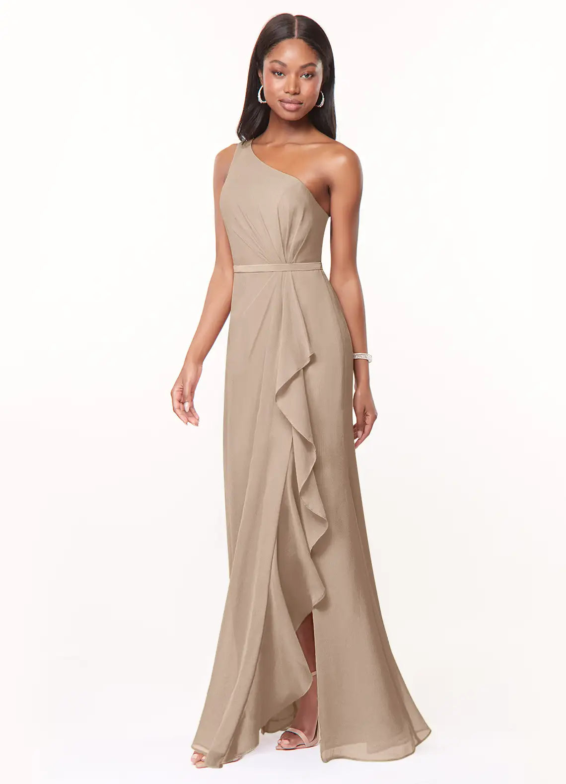 Elegant Chiffon Sheath One-Shoulder Sleeveless Ruffled Front Floor-Length Bridesmaid Dress with Slit