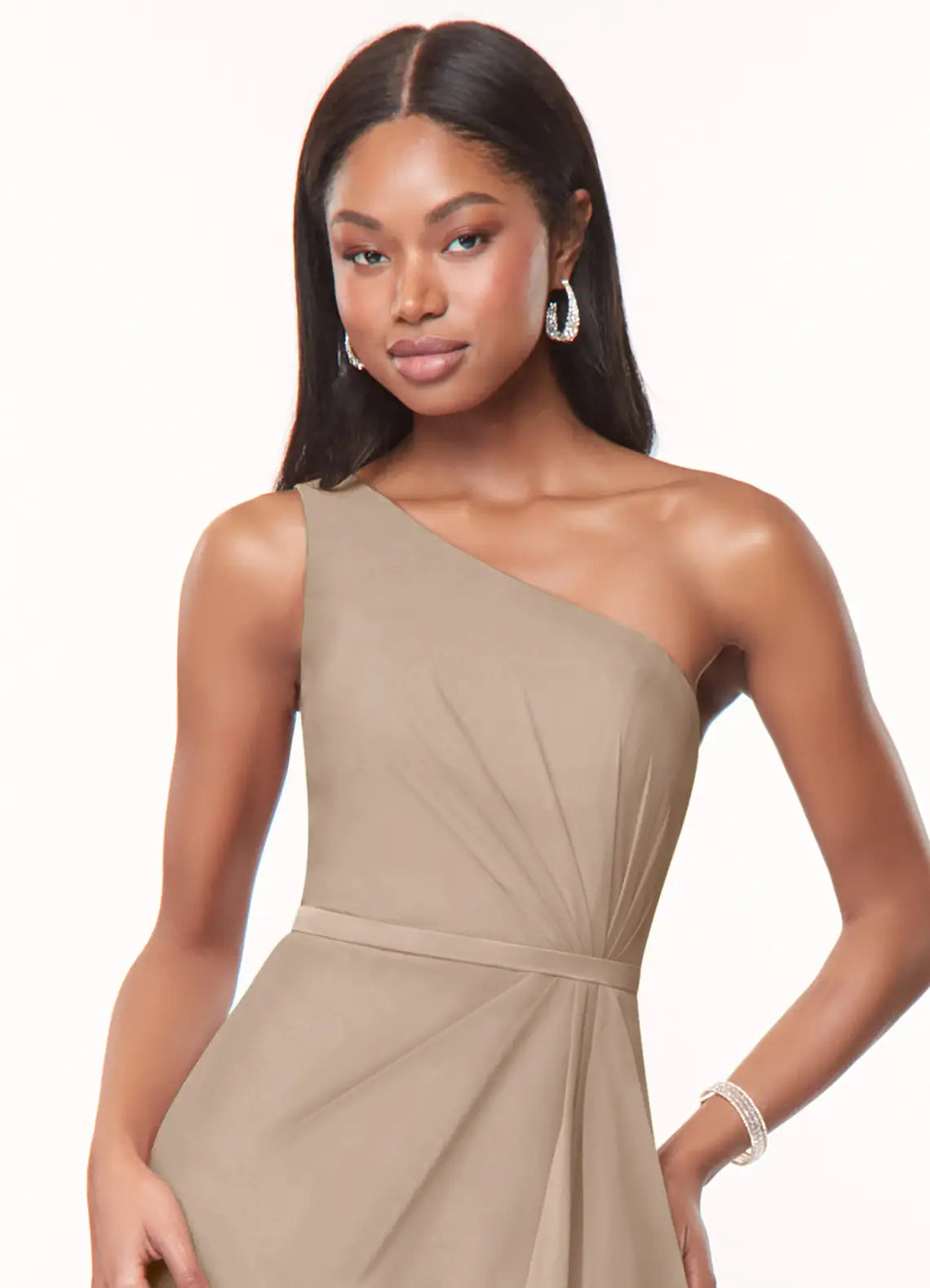 Elegant Chiffon Sheath One-Shoulder Sleeveless Ruffled Front Floor-Length Bridesmaid Dress with Slit