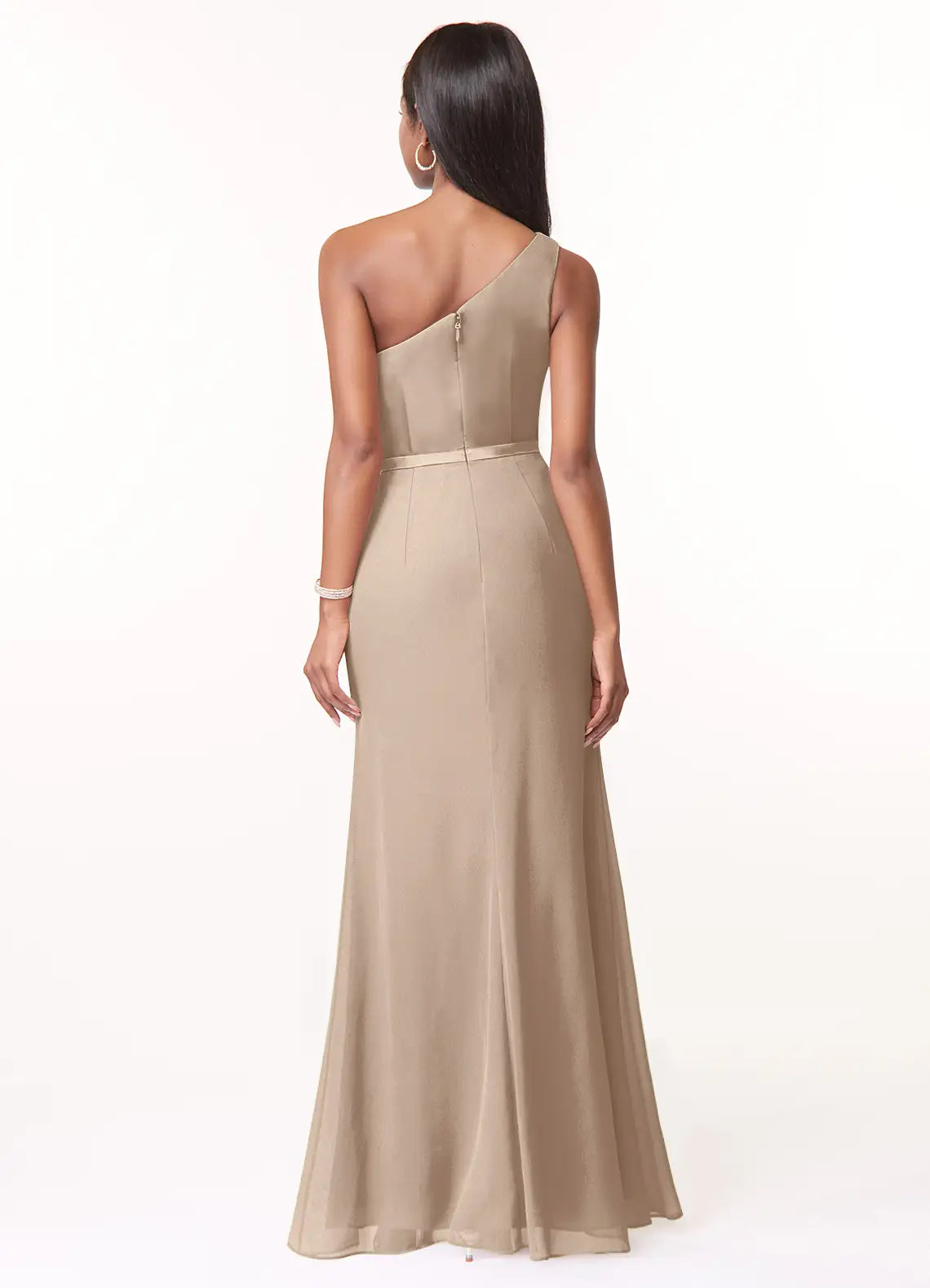 Elegant Chiffon Sheath One-Shoulder Sleeveless Ruffled Front Floor-Length Bridesmaid Dress with Slit