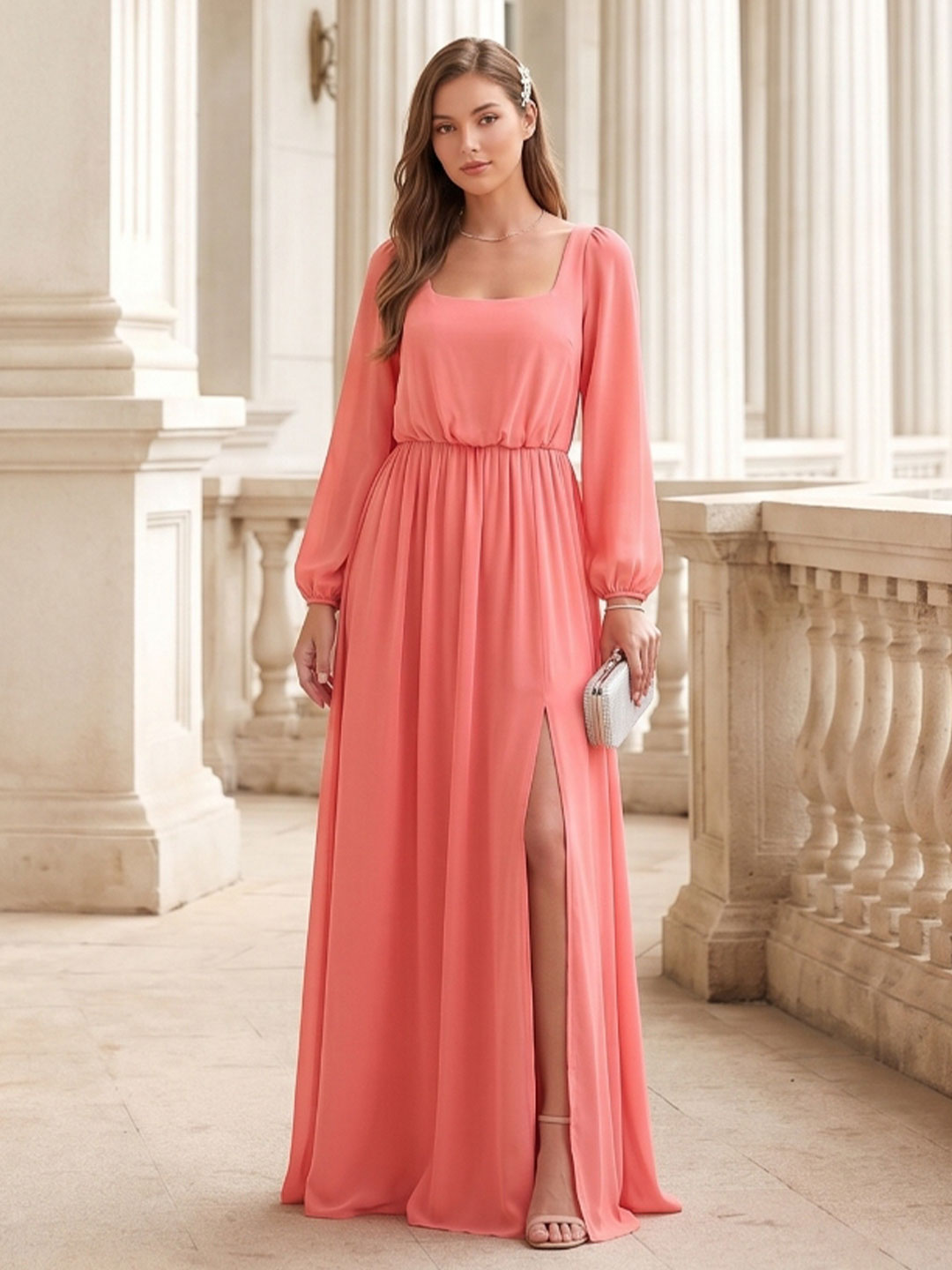 Elegant Coral Chiffon A-Line Square Neck Backless Ankle-Length Bridesmaid Dress