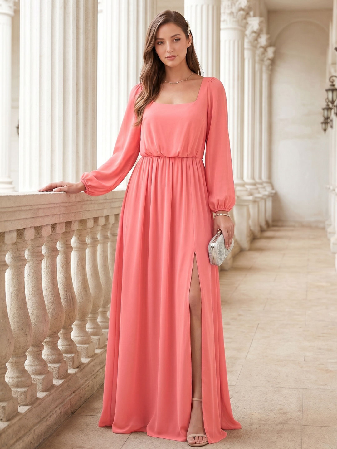 Elegant Coral Chiffon A-Line Square Neck Backless Ankle-Length Bridesmaid Dress