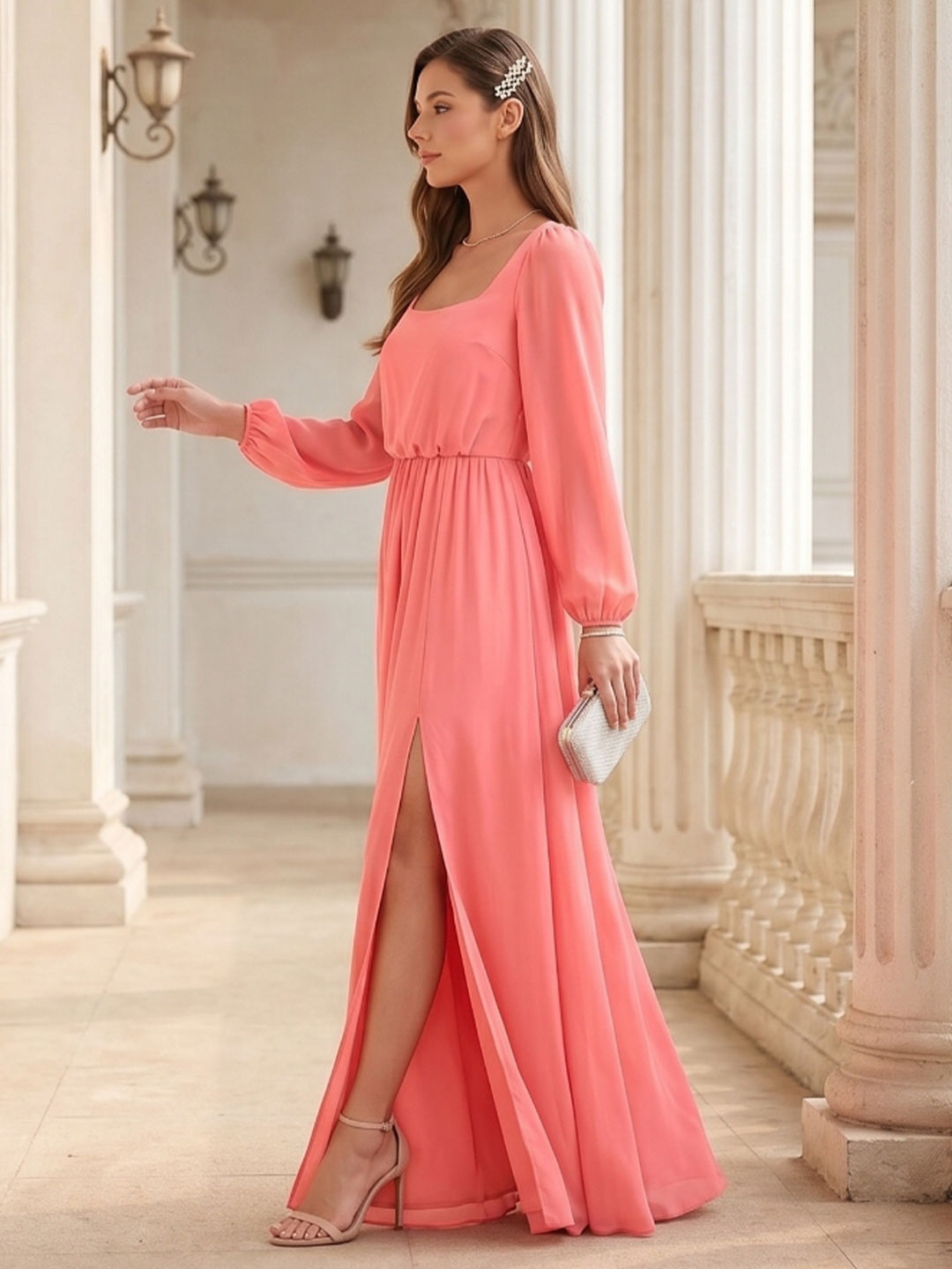 Elegant Coral Chiffon A-Line Square Neck Backless Ankle-Length Bridesmaid Dress