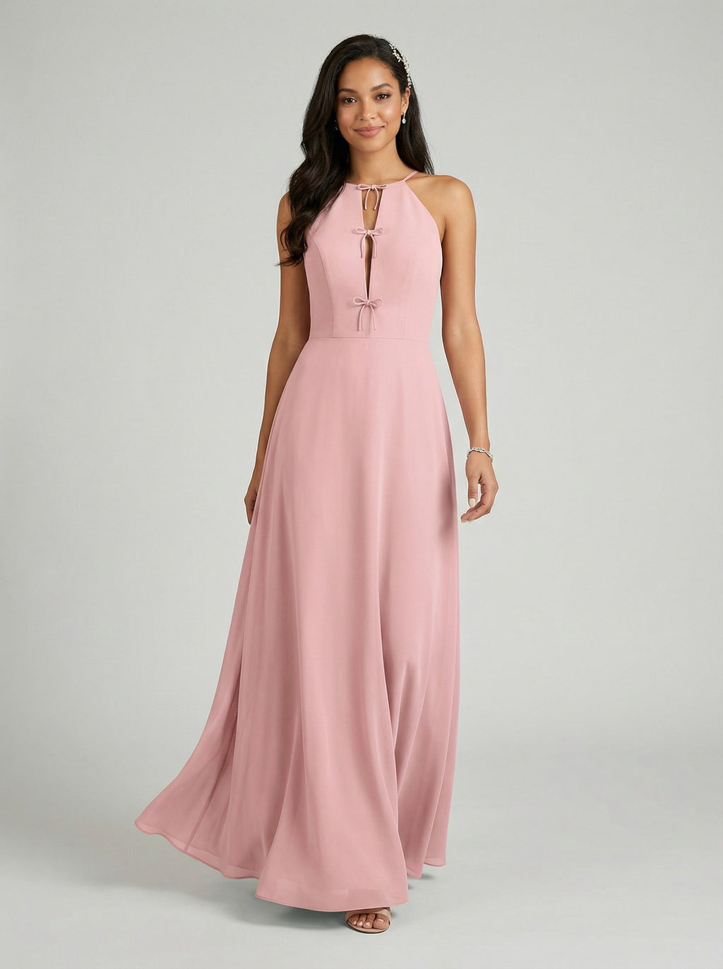 Elegant Dusty Rose Chiffon A-Line Halter neckline Ankle-Length Bridesmaid Dress with Minimalist Design