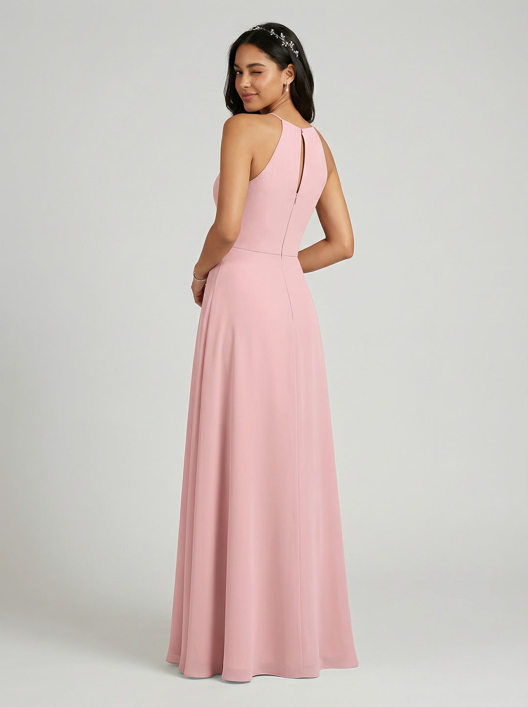 Elegant Dusty Rose Chiffon A-Line Halter neckline Ankle-Length Bridesmaid Dress with Minimalist Design