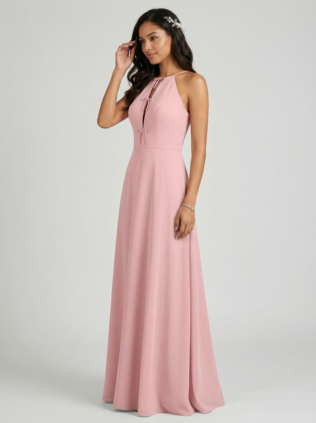 Elegant Dusty Rose Chiffon A-Line Halter neckline Ankle-Length Bridesmaid Dress with Minimalist Design