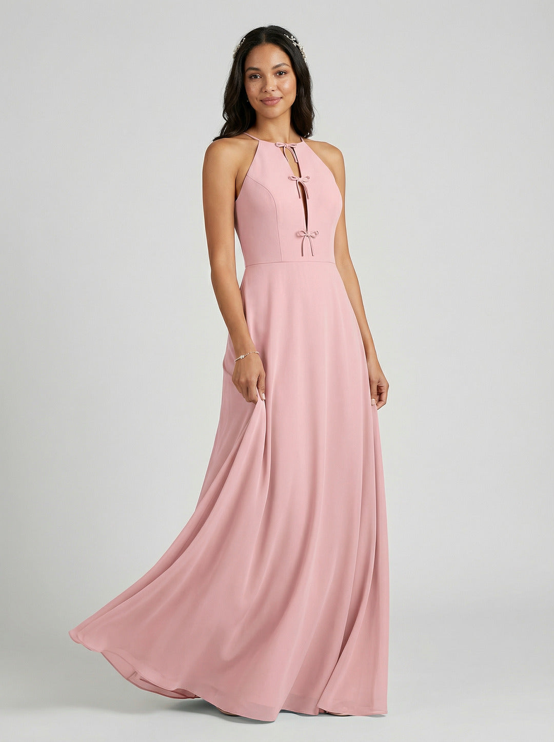 Elegant Dusty Rose Chiffon A-Line Halter neckline Ankle-Length Bridesmaid Dress with Minimalist Design