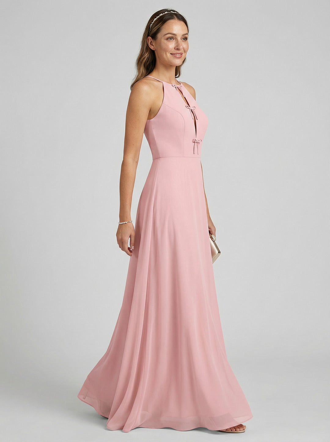Elegant Dusty Rose Chiffon A-Line Halter neckline Ankle-Length Bridesmaid Dress with Minimalist Design