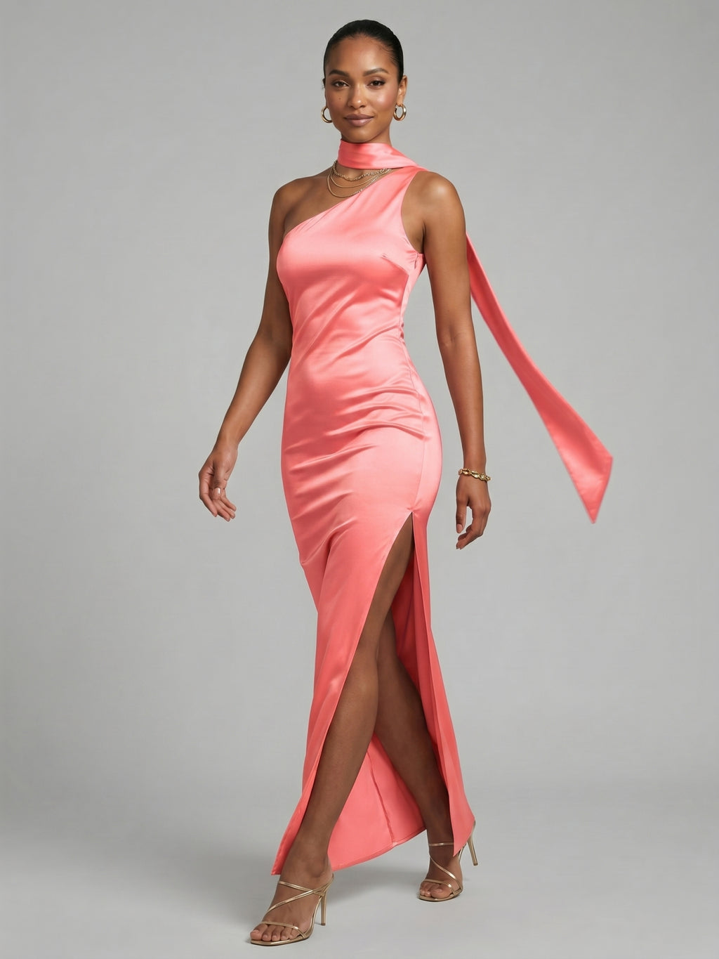 Elegant Coral Satin column One Shoulder Ankle-Length Bridesmaid Dress