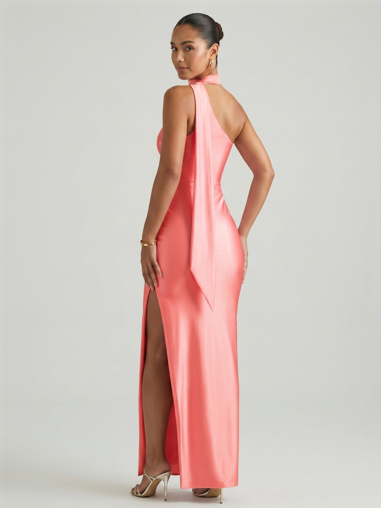Elegant Coral Satin column One Shoulder Ankle-Length Bridesmaid Dress
