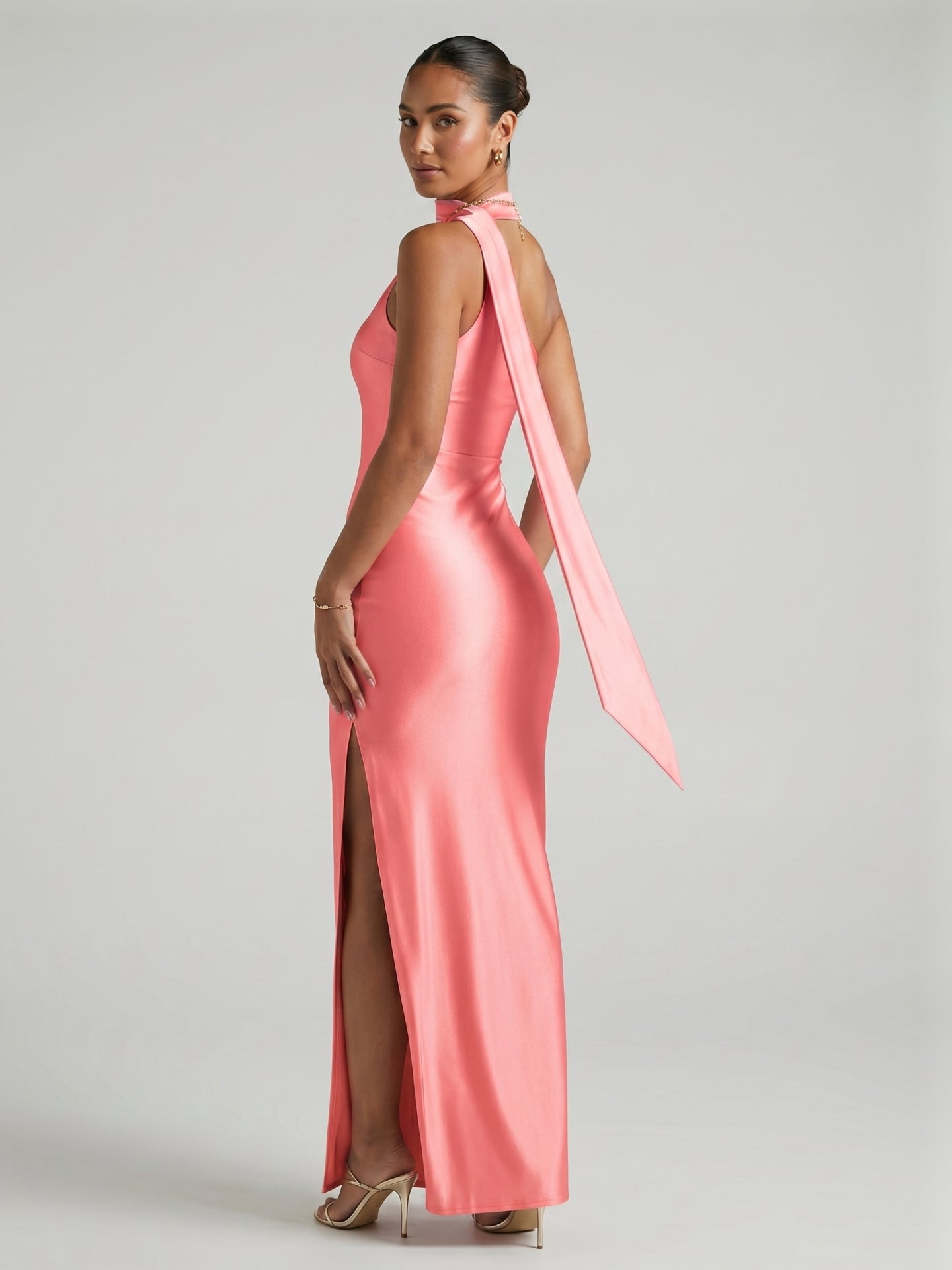 Elegant Coral Satin column One Shoulder Ankle-Length Bridesmaid Dress