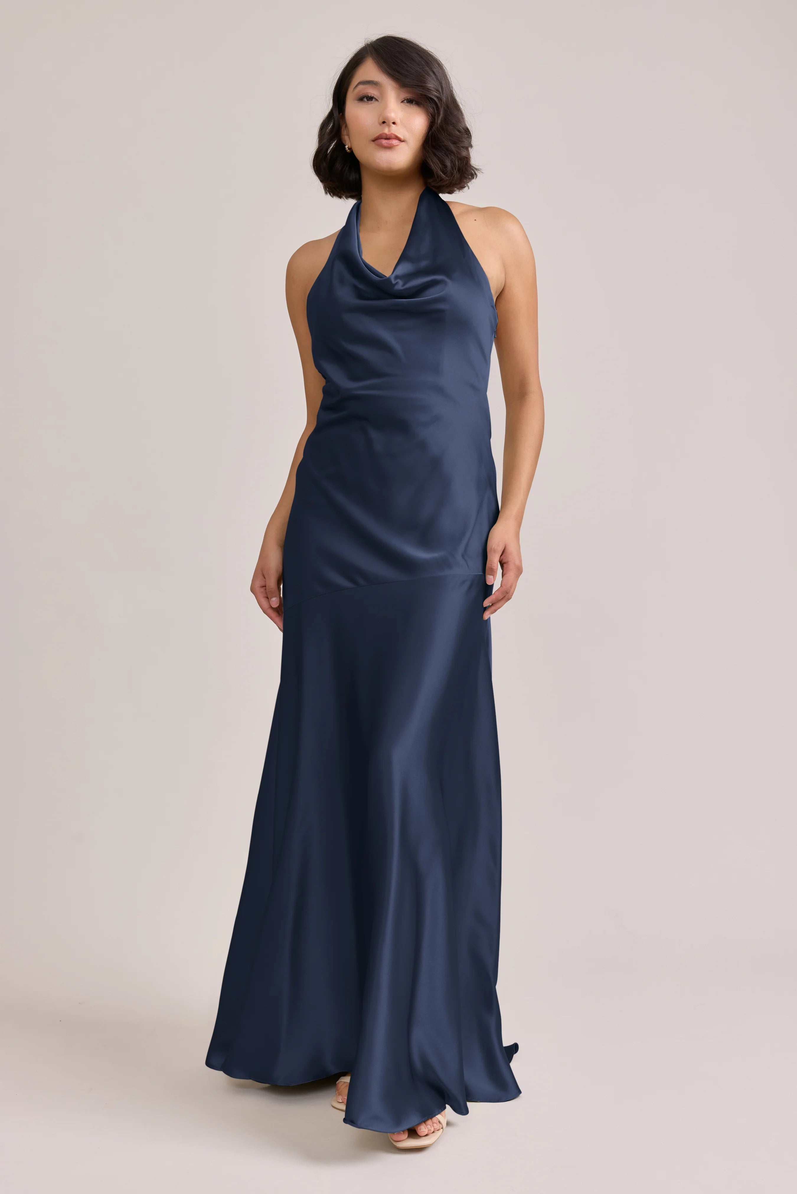 Elegant Cowl Neck Halter Navy Blue Satin Bridesmaid Dress with Self-Tie Back & Mermaid Hem