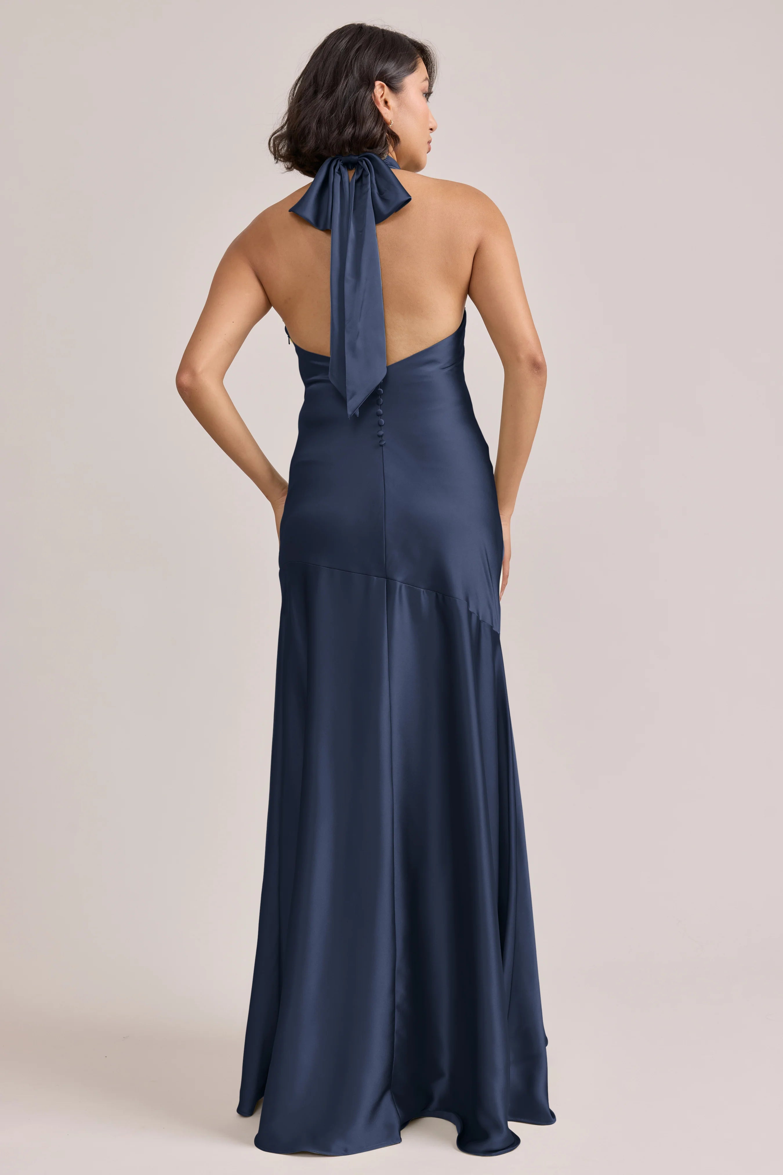 Elegant Cowl Neck Halter Navy Blue Satin Bridesmaid Dress with Self-Tie Back & Mermaid Hem