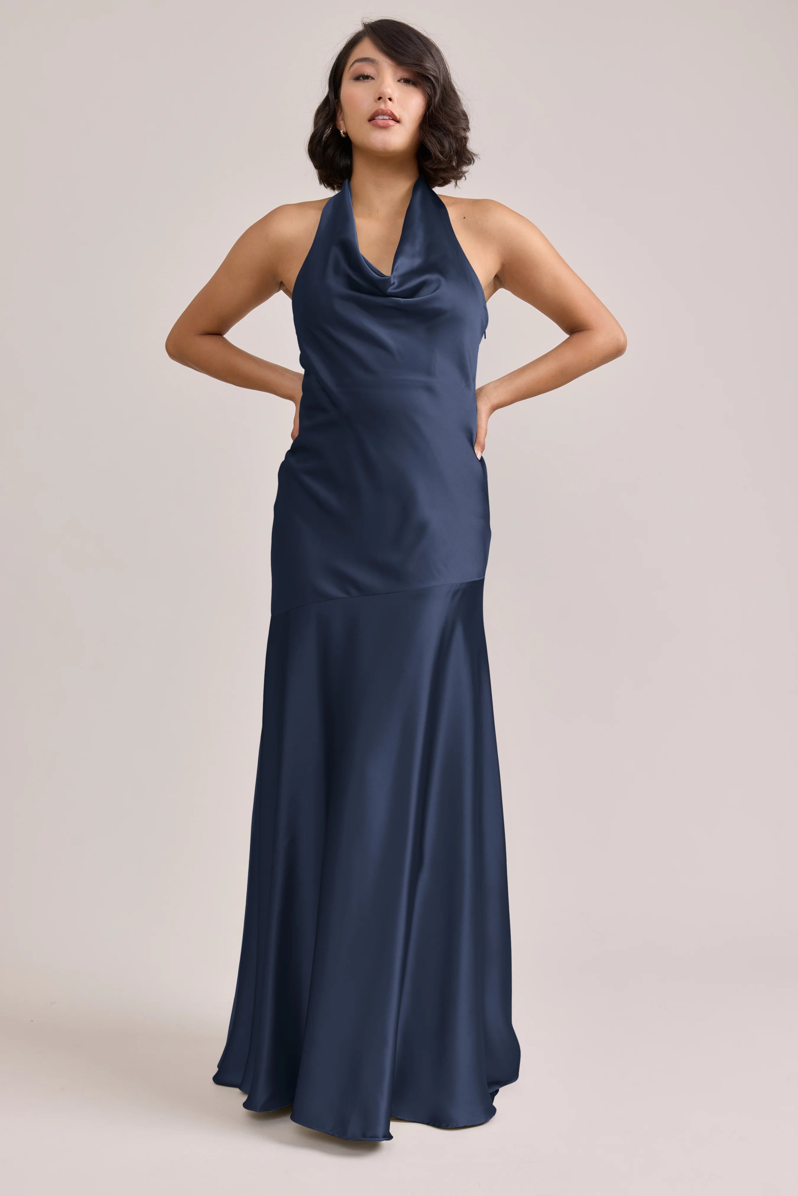 Elegant Cowl Neck Halter Navy Blue Satin Bridesmaid Dress with Self-Tie Back & Mermaid Hem