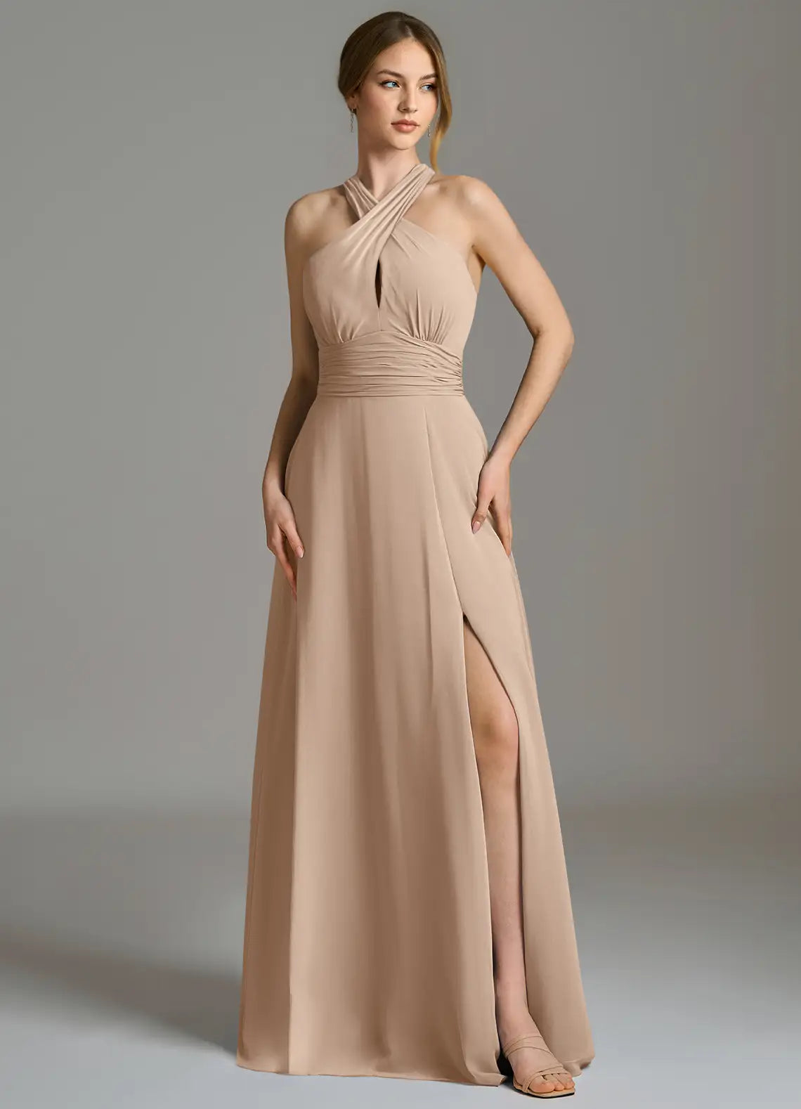 Elegant Crisscross Halter Bridesmaid Dresses with Ruched Waist Detail, Daring High Slit and Flowing Chiffon Maxi Silhouette Formal Gown