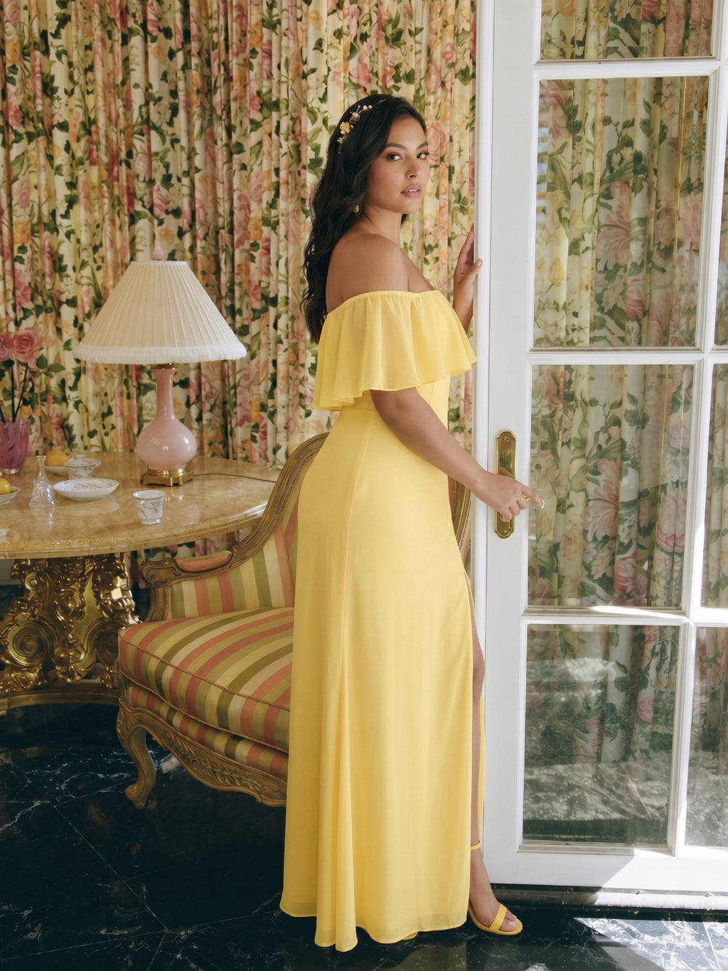 Elegant Daffodil Chiffon A-Line Off-the-Shoulder Back Zip with Ruffle Accents Ankle-Length Plus Size Bridesmaid Dress