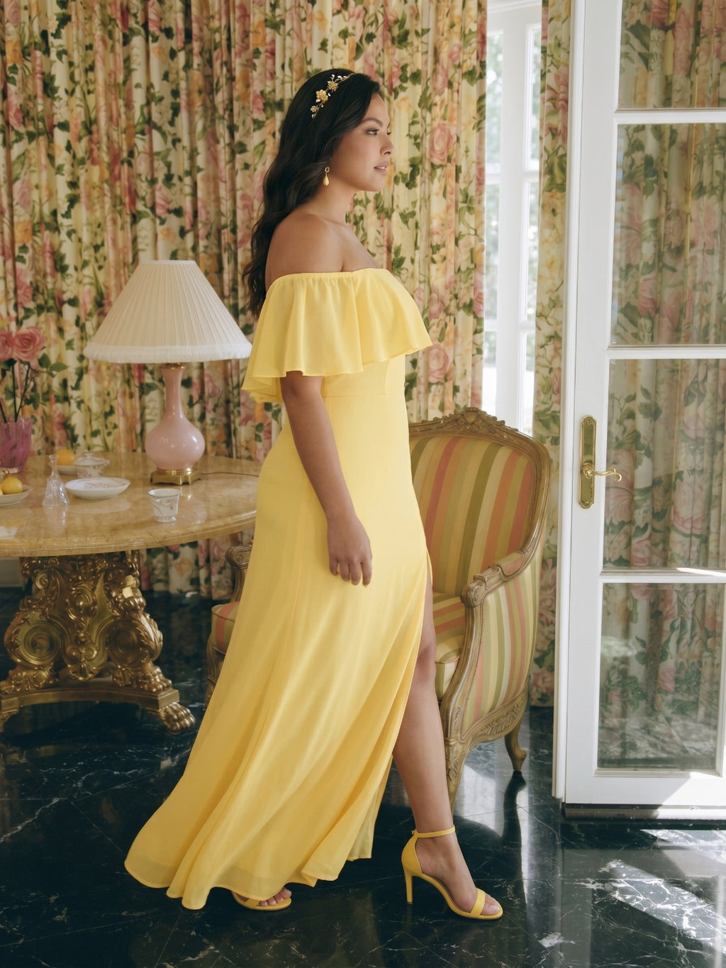 Elegant Daffodil Chiffon A-Line Off-the-Shoulder Back Zip with Ruffle Accents Ankle-Length Plus Size Bridesmaid Dress