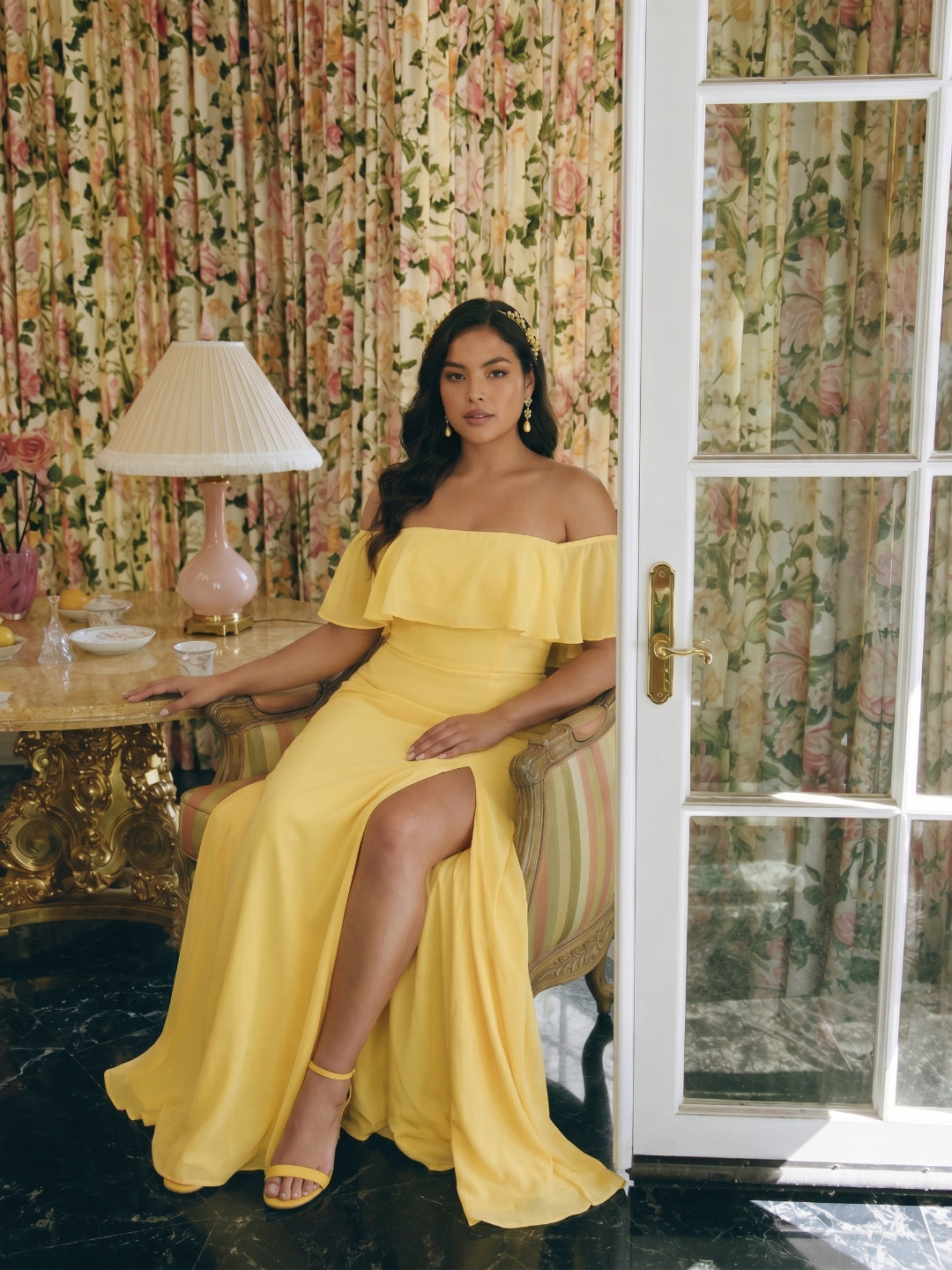Elegant Daffodil Chiffon A-Line Off-the-Shoulder Back Zip with Ruffle Accents Ankle-Length Plus Size Bridesmaid Dress