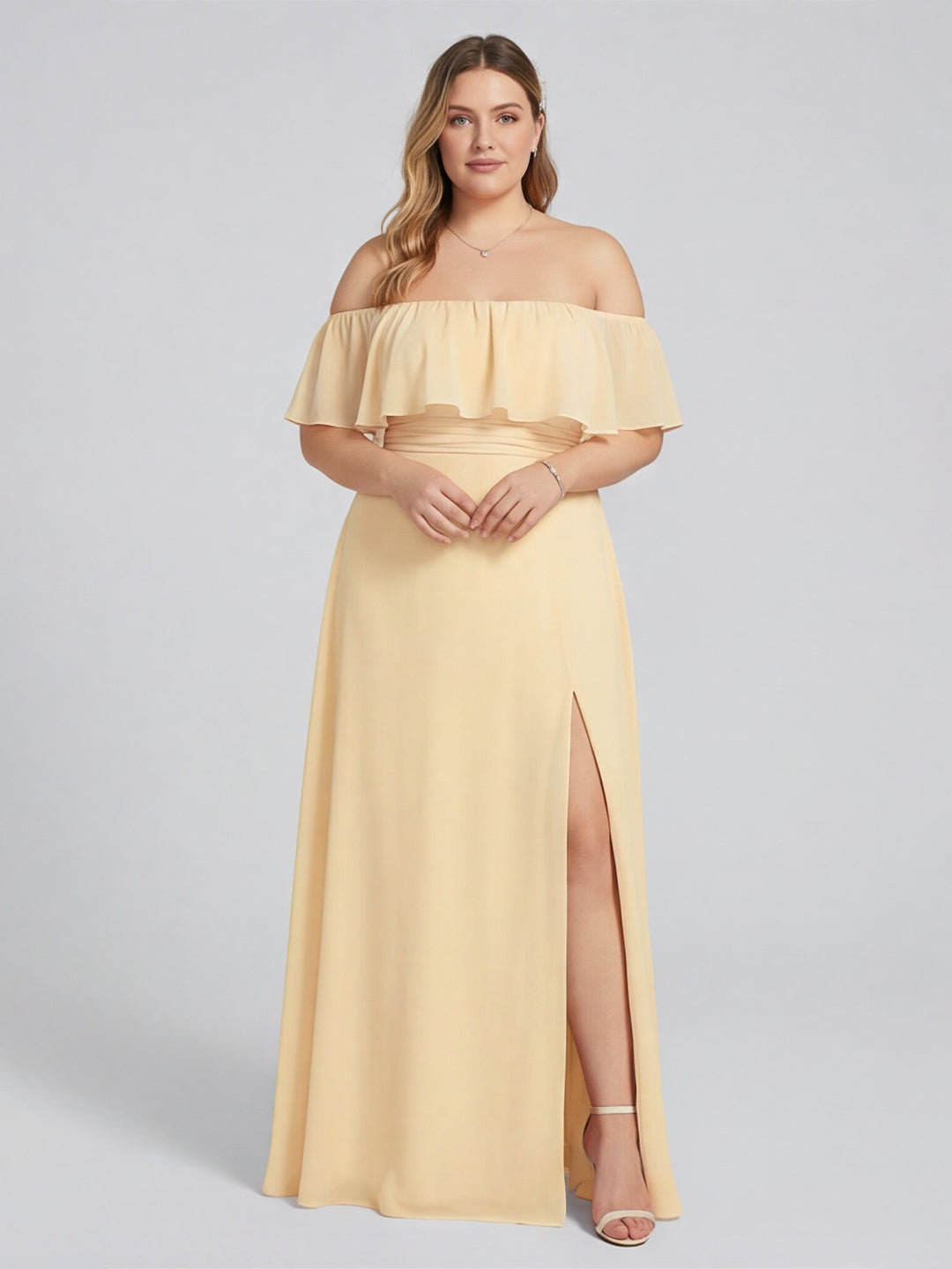 Elegant Daffodil Chiffon A-Line Straight Neck Backless Ankle-Length Plus Size Bridesmaid Dress