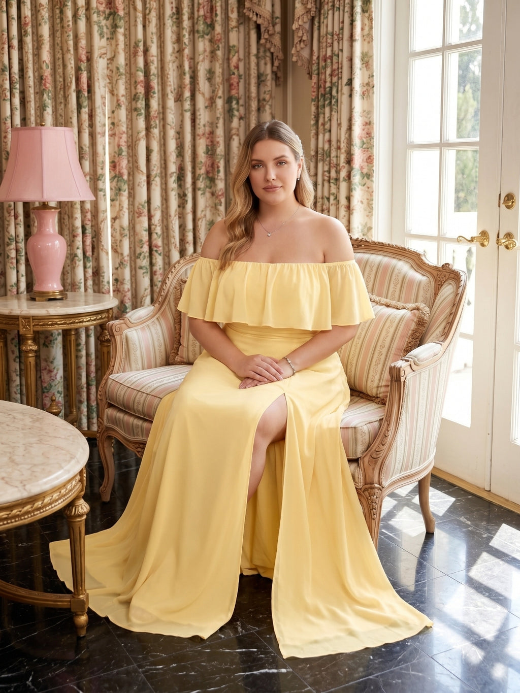 Elegant Daffodil Chiffon A-Line Straight Neck Backless Ankle-Length Plus Size Bridesmaid Dress
