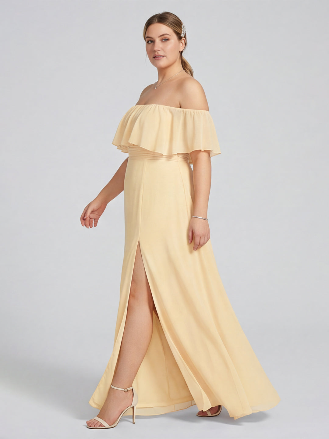 Elegant Daffodil Chiffon A-Line Straight Neck Backless Ankle-Length Plus Size Bridesmaid Dress