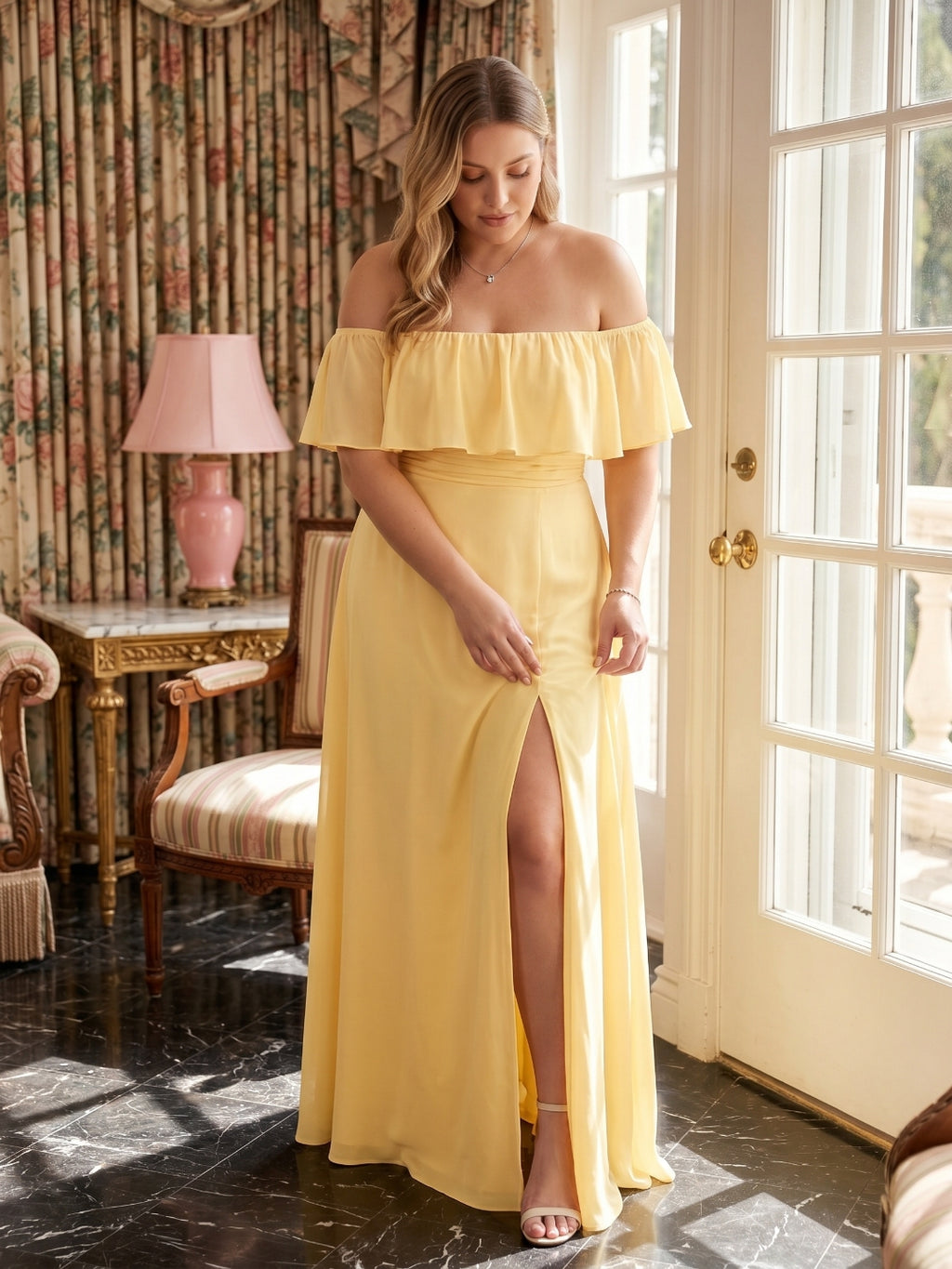 Elegant Daffodil Chiffon A-Line Straight Neck Backless Ankle-Length Plus Size Bridesmaid Dress