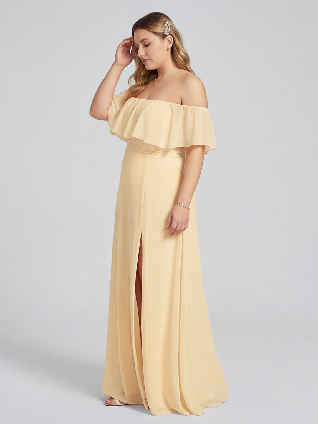 Elegant Daffodil Chiffon A-Line Straight Neck Backless Ankle-Length Plus Size Bridesmaid Dress