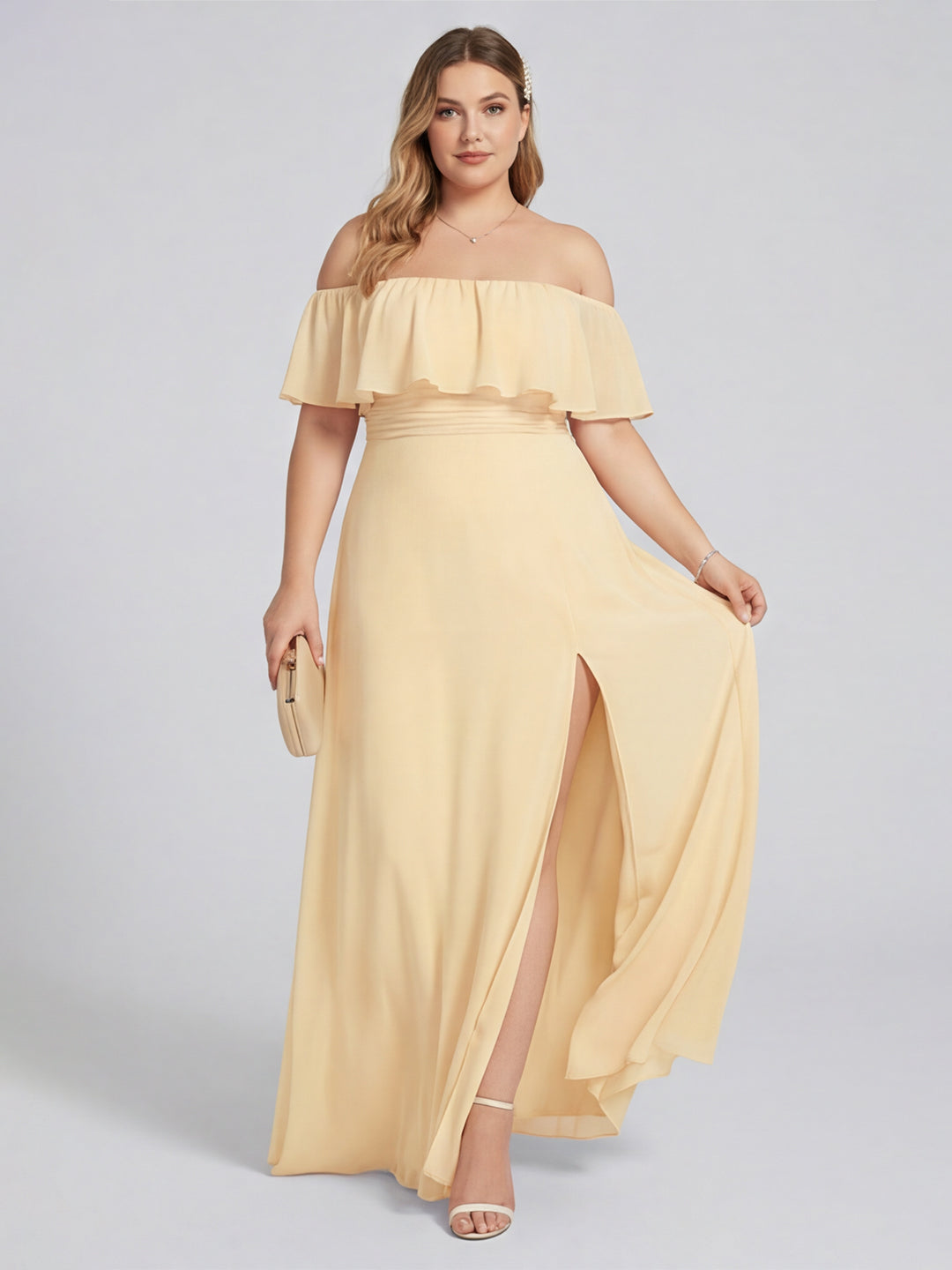 Elegant Daffodil Chiffon A-Line Straight Neck Backless Ankle-Length Plus Size Bridesmaid Dress