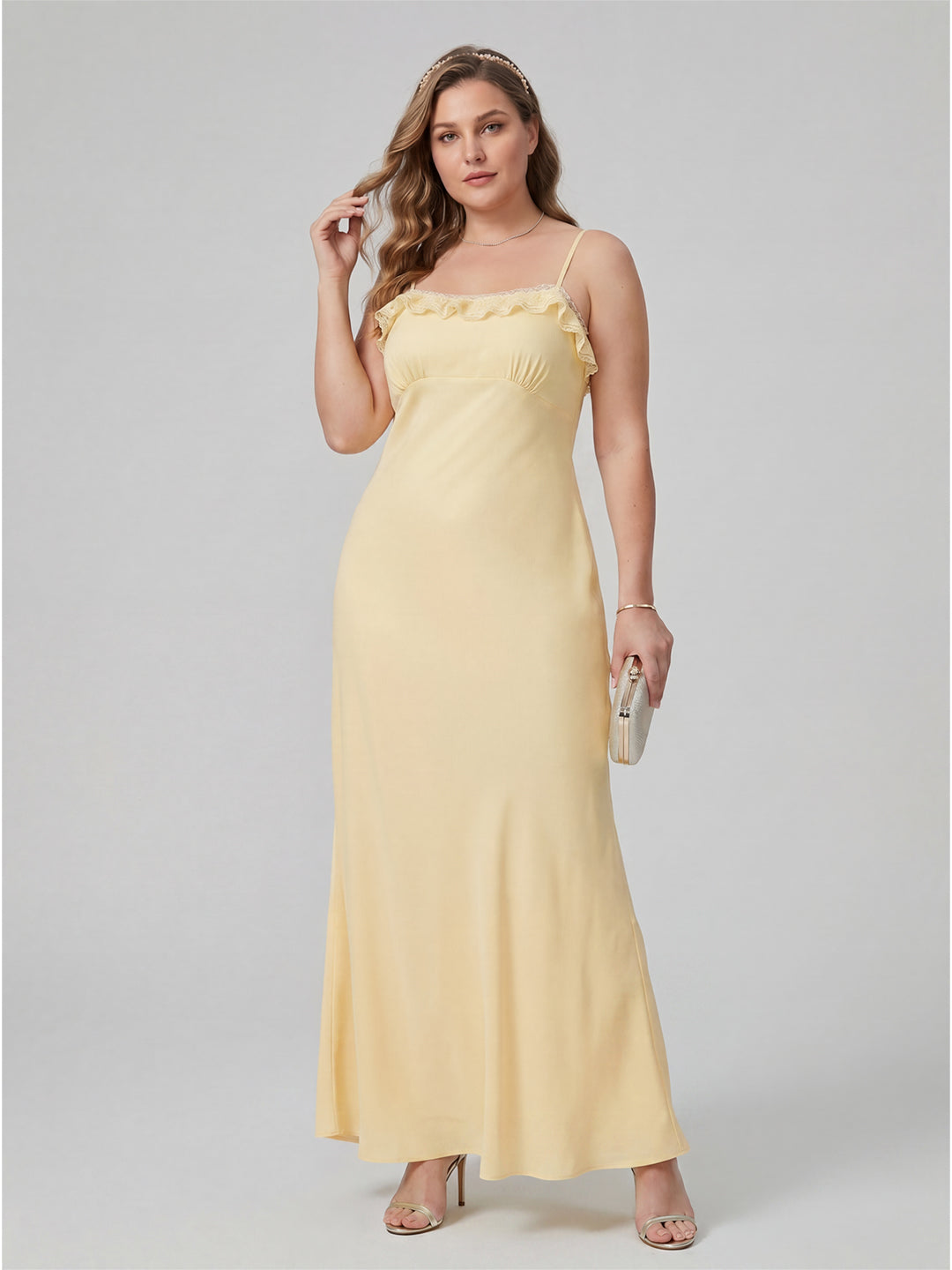 Elegant Daffodil Satin A-Line Straight Neck Backless Ankle-Length Plus Size Bridesmaid Dress