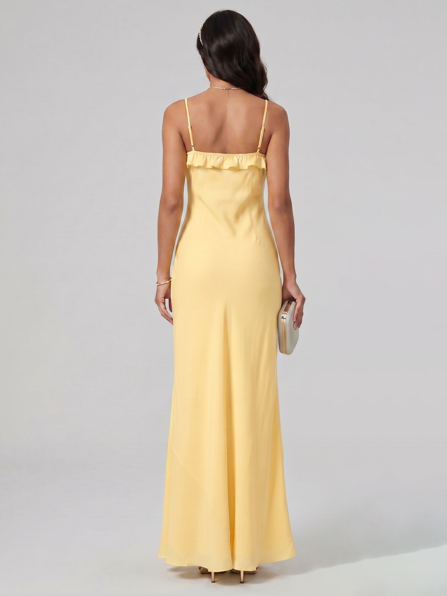 Elegant Daffodil Satin A-Line Straight Neck Backless Ankle-Length Plus Size Bridesmaid Dress