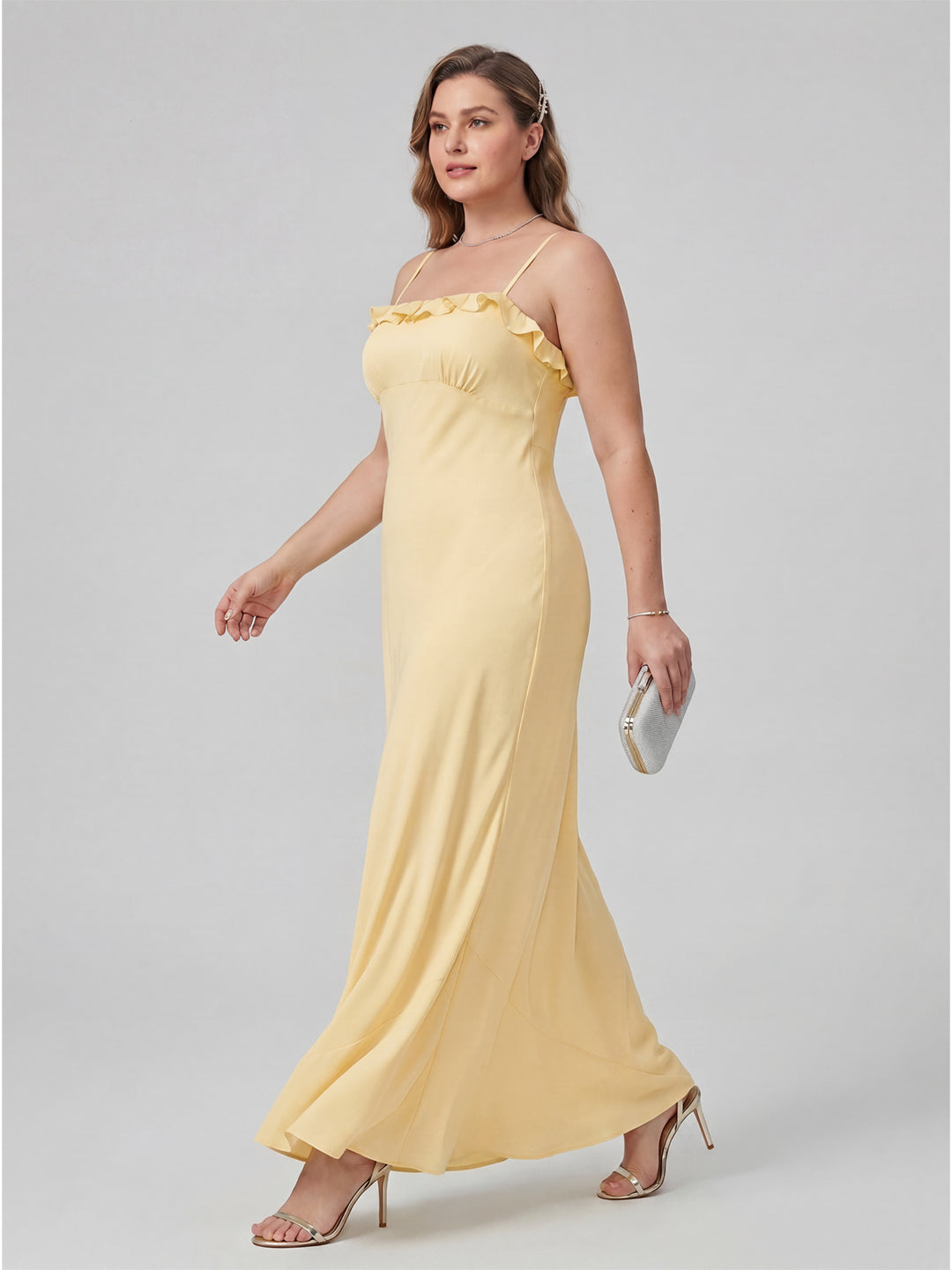 Elegant Daffodil Satin A-Line Straight Neck Backless Ankle-Length Plus Size Bridesmaid Dress