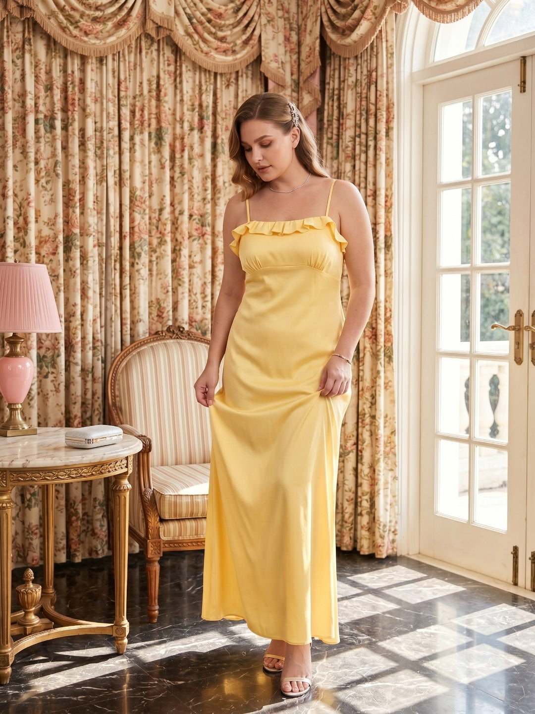 Elegant Daffodil Satin A-Line Straight Neck Backless Ankle-Length Plus Size Bridesmaid Dress