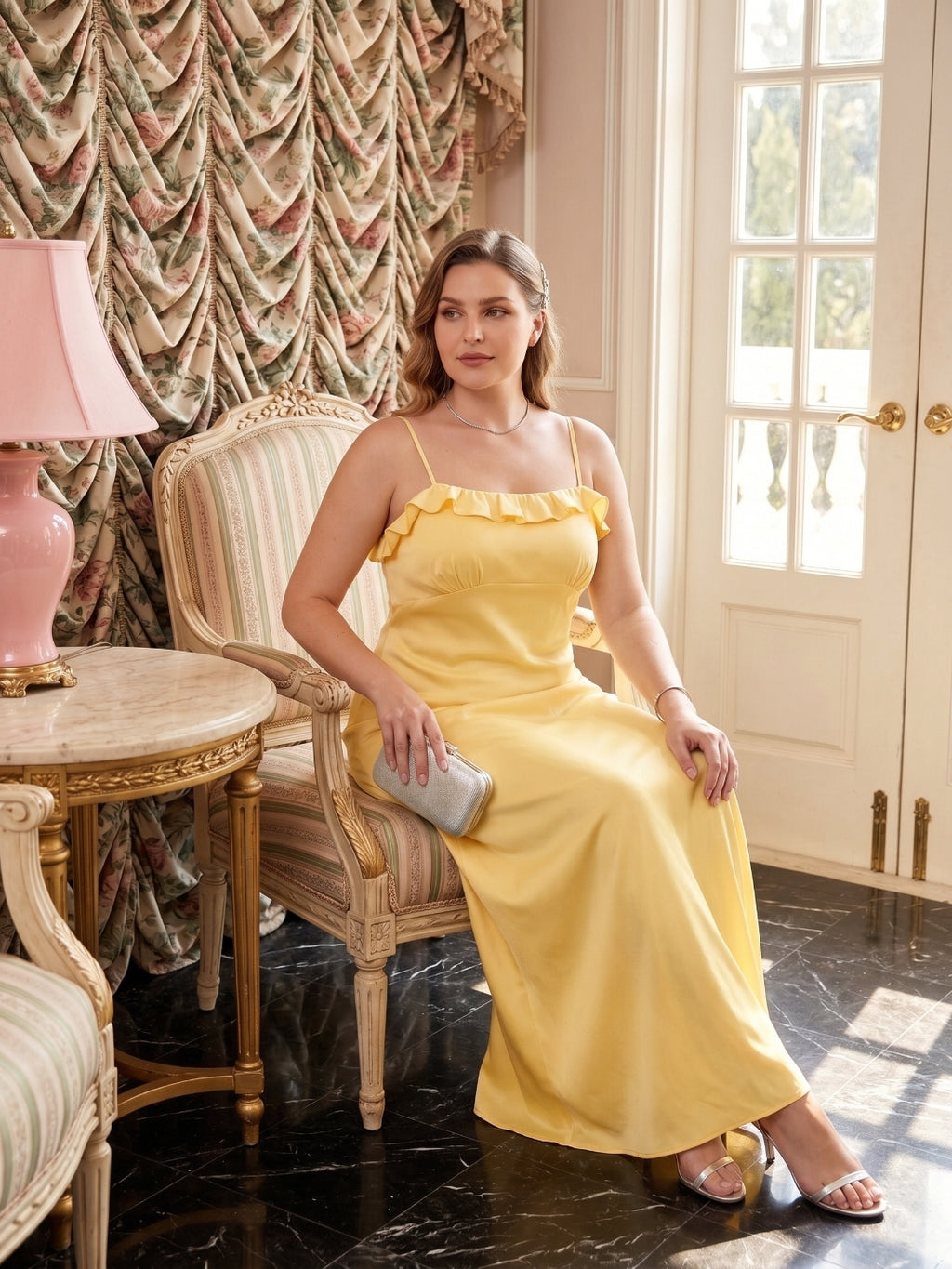 Elegant Daffodil Satin A-Line Straight Neck Backless Ankle-Length Plus Size Bridesmaid Dress