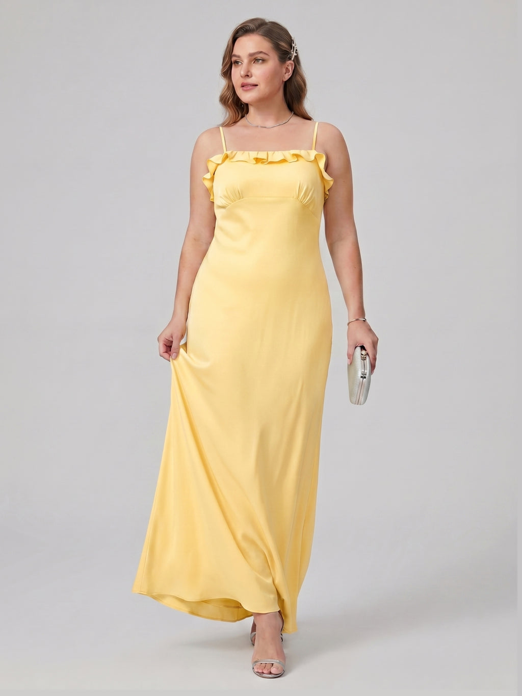 Elegant Daffodil Satin A-Line Straight Neck Backless Ankle-Length Plus Size Bridesmaid Dress