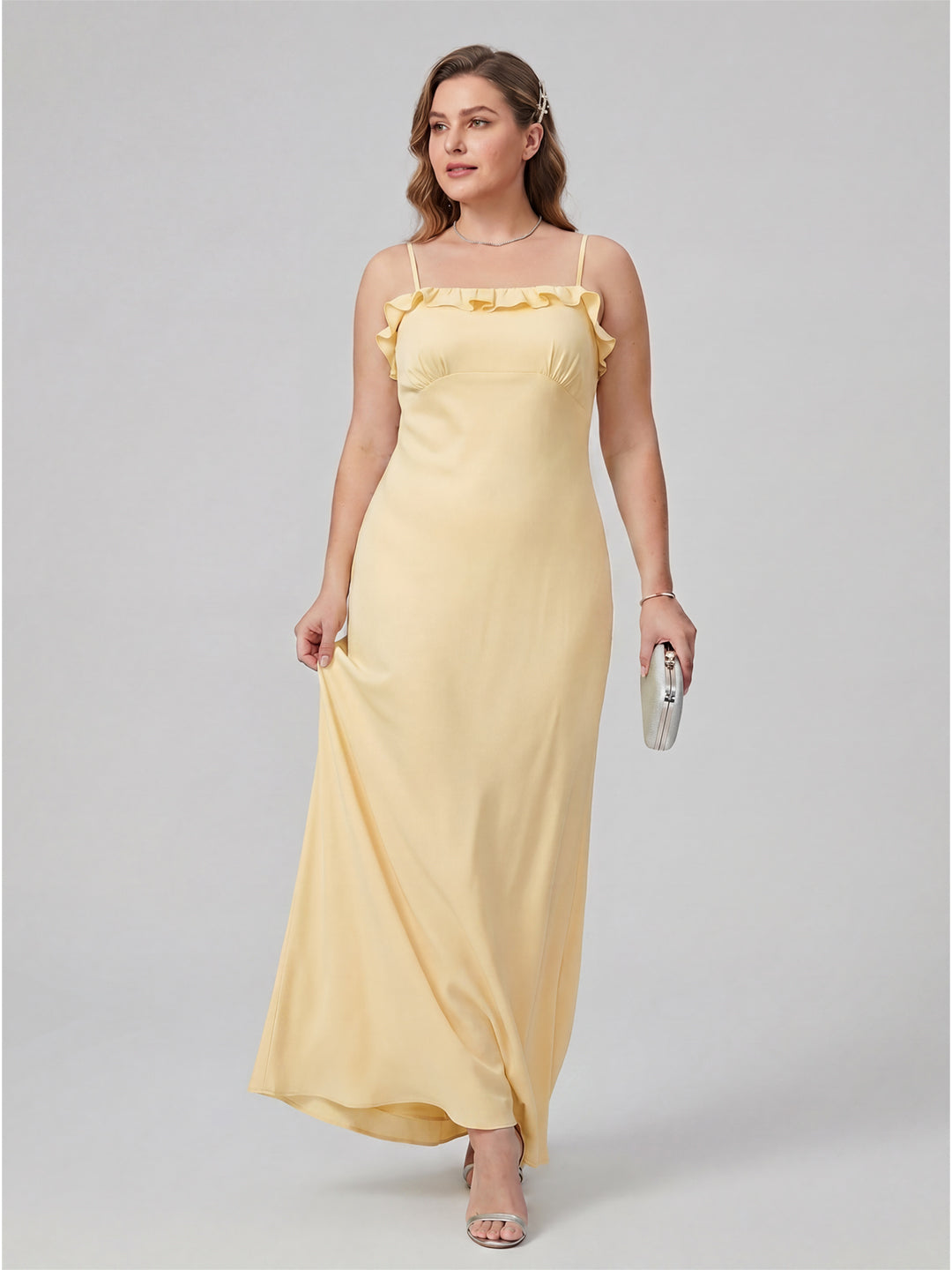 Elegant Daffodil Satin A-Line Straight Neck Backless Ankle-Length Plus Size Bridesmaid Dress