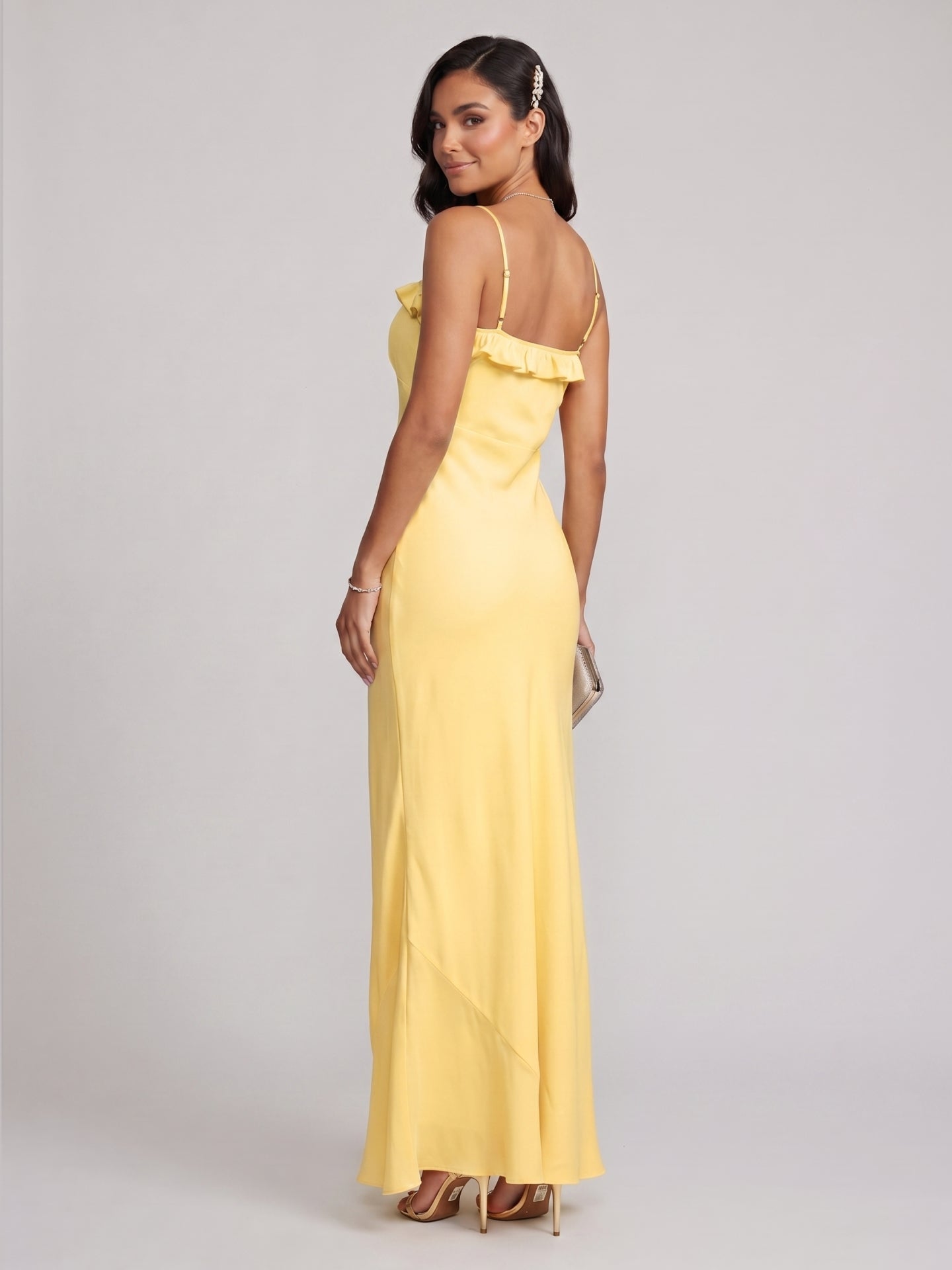 Elegant Daffodil Satin A-Line Straight Neck Backless Ankle-Length Plus Size Bridesmaid Dress