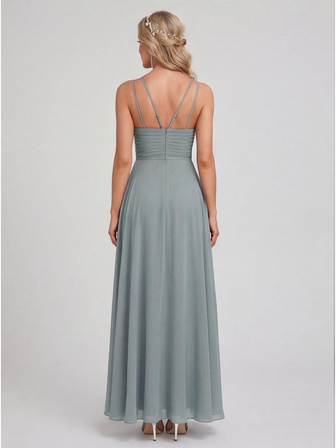 Elegant Dusty Blue Chiffon A-Line Scoop Neck Back Zip with Sash Detail Ankle-Length Bridesmaid Dress
