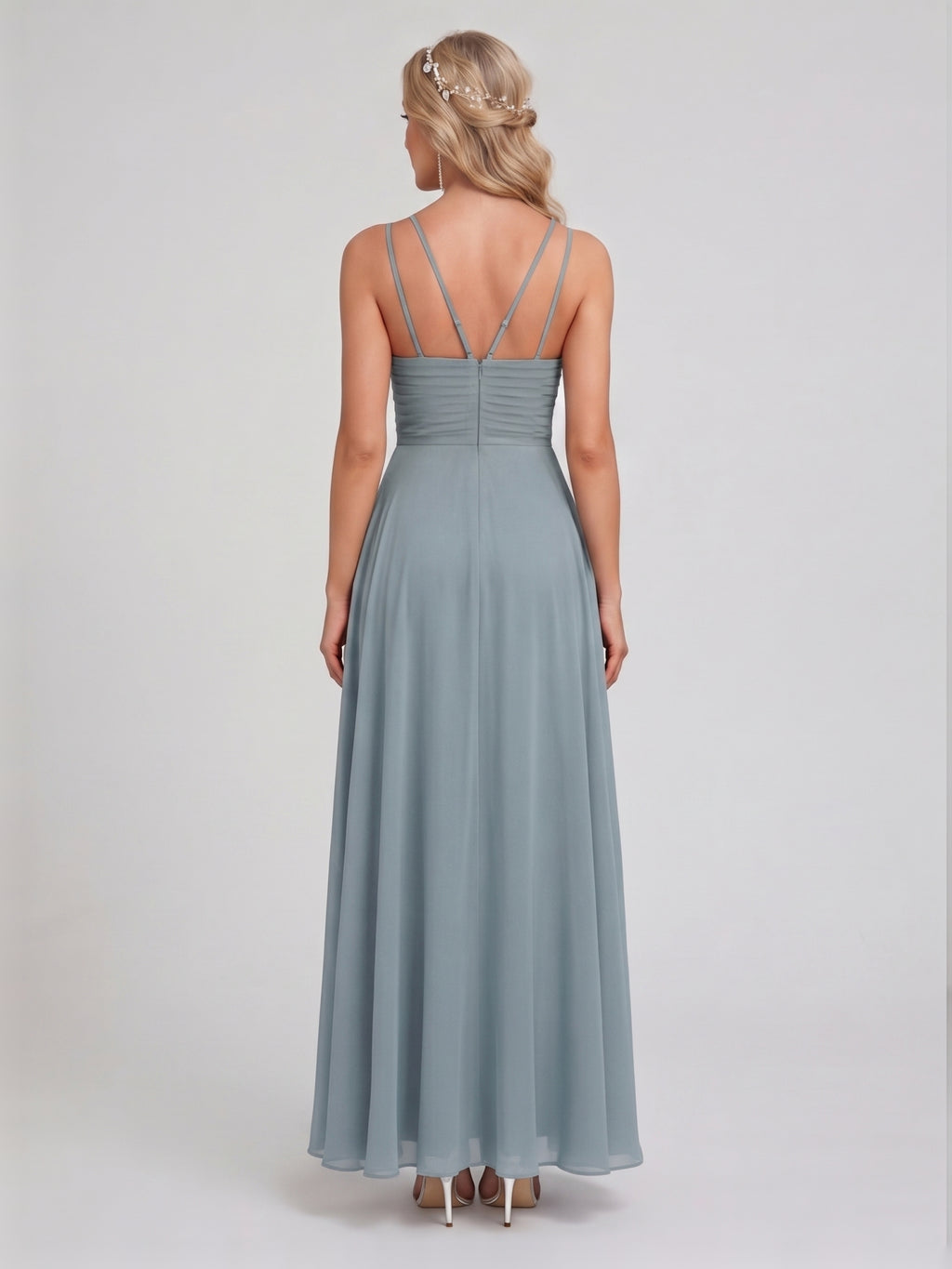 Elegant Dusty Blue Chiffon A-Line Scoop Neck Back Zip with Sash Detail Ankle-Length Bridesmaid Dress